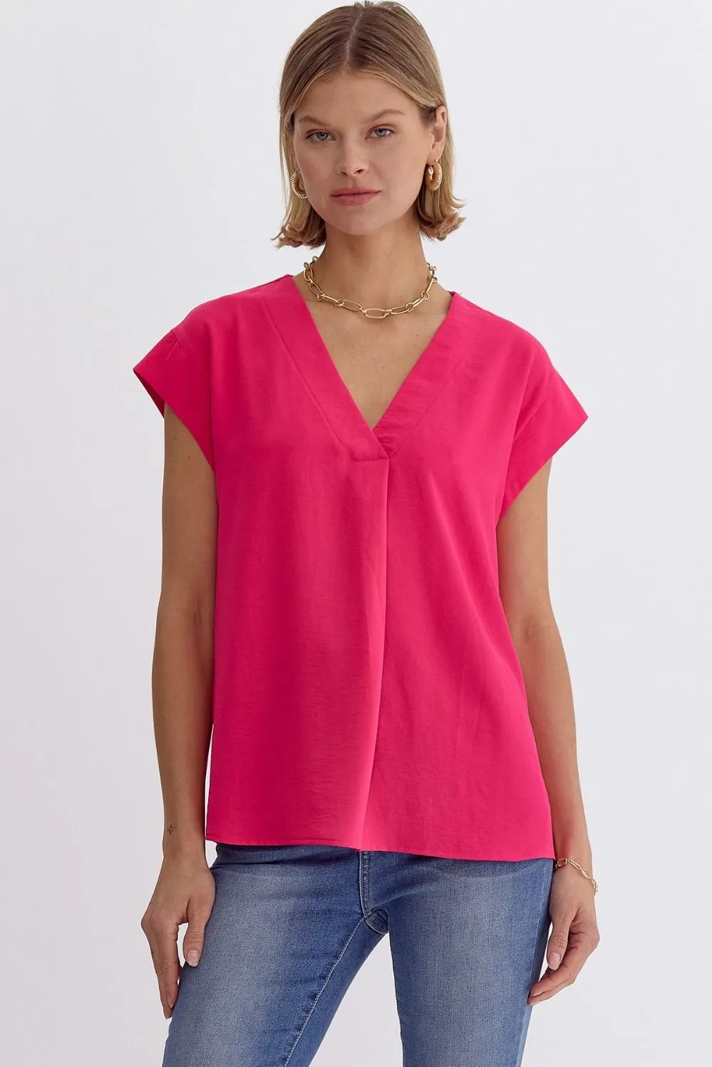 Solid V-Neck Short Sleeve Top Featuring Placket Detail