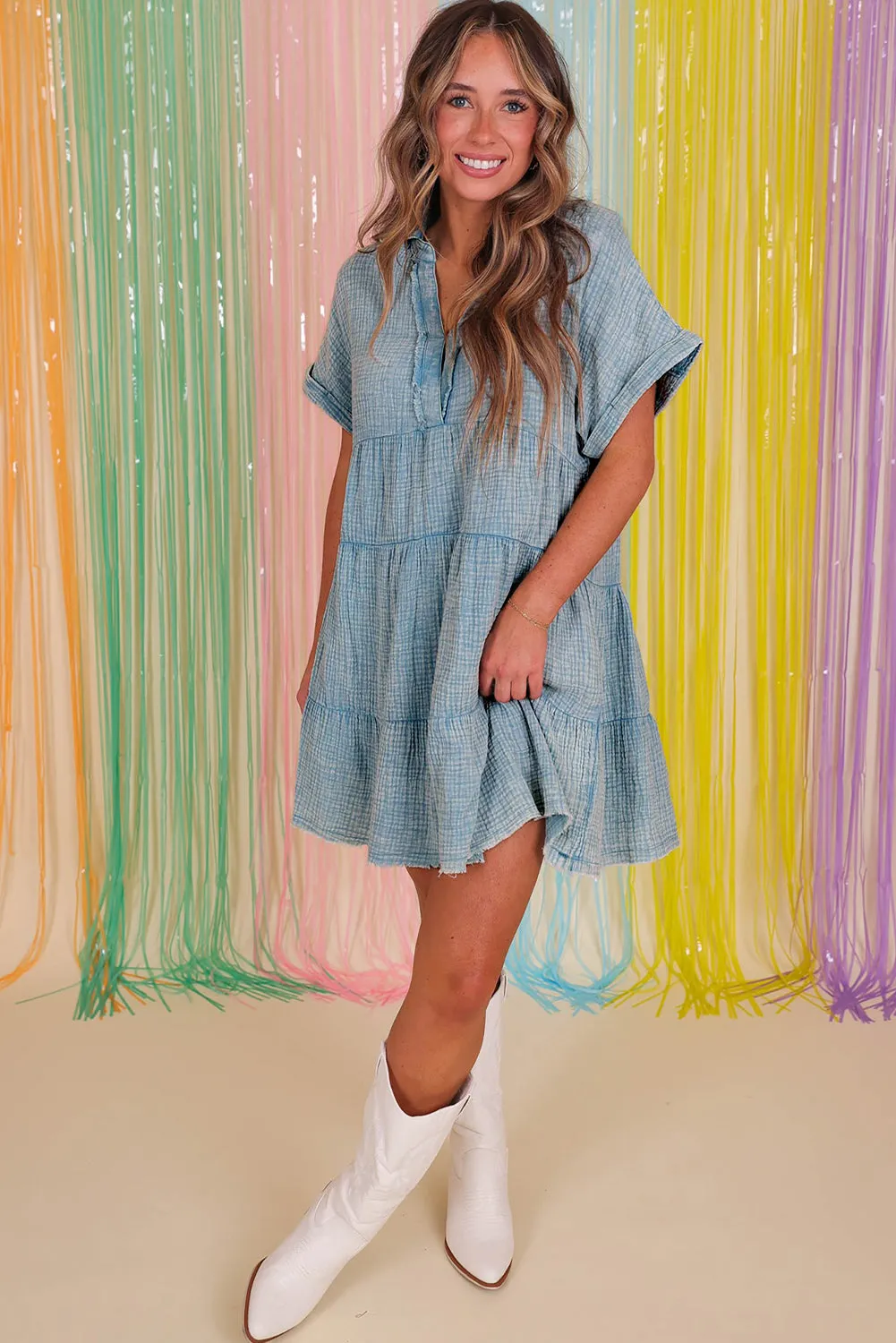 Split Neck Raw Hem Tiered Crinkle Dress