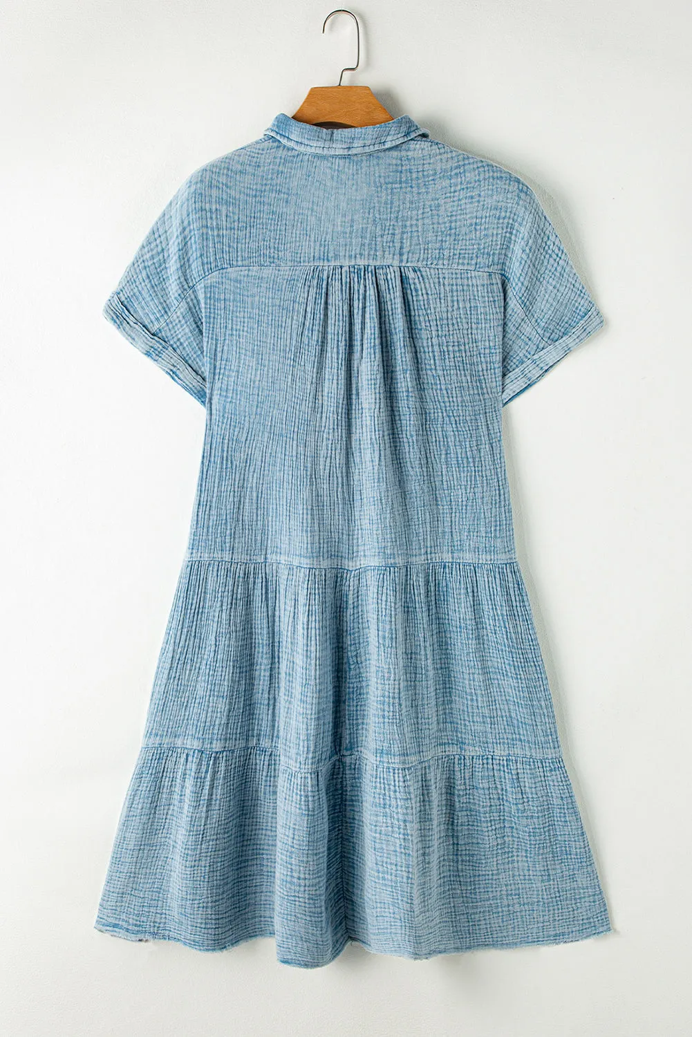 Split Neck Raw Hem Tiered Crinkle Dress