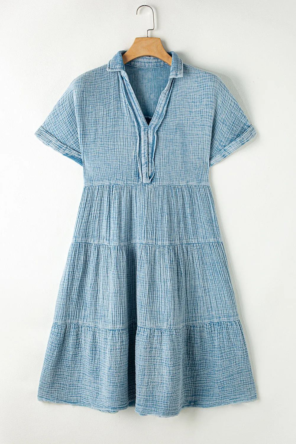 Split Neck Raw Hem Tiered Crinkle Dress