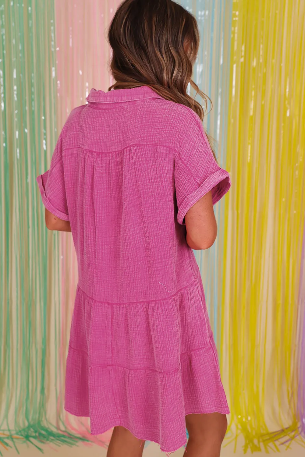 Split Neck Raw Hem Tiered Crinkle Dress