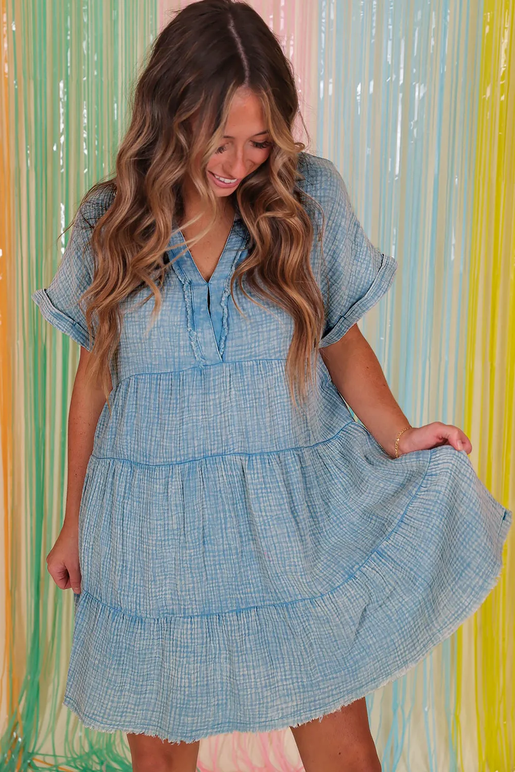 Split Neck Raw Hem Tiered Crinkle Dress