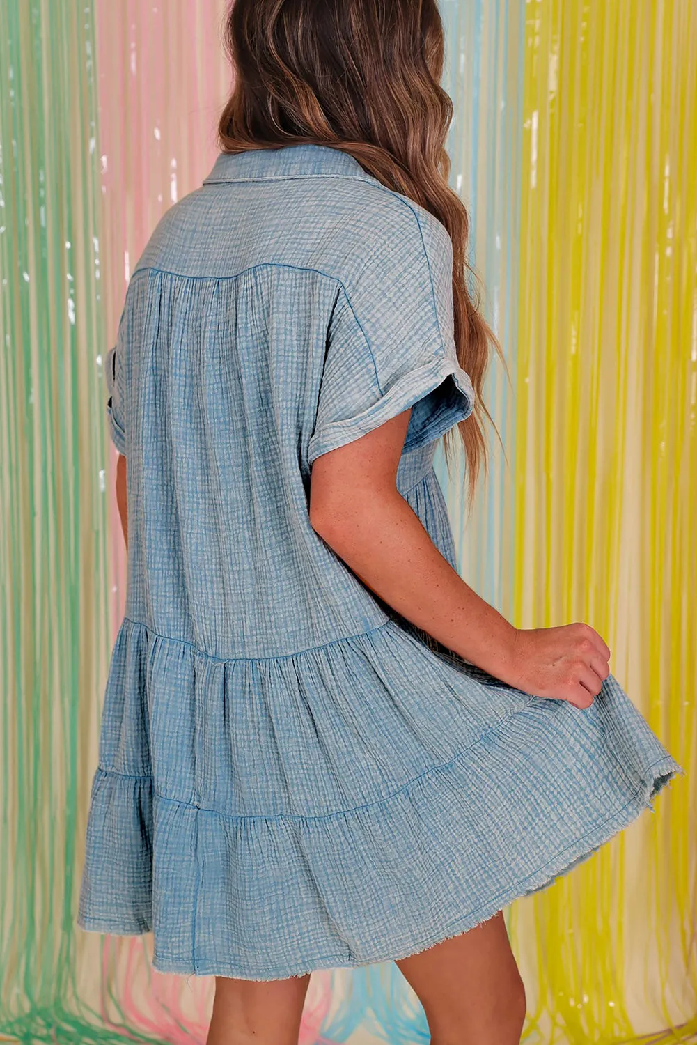 Split Neck Raw Hem Tiered Crinkle Dress
