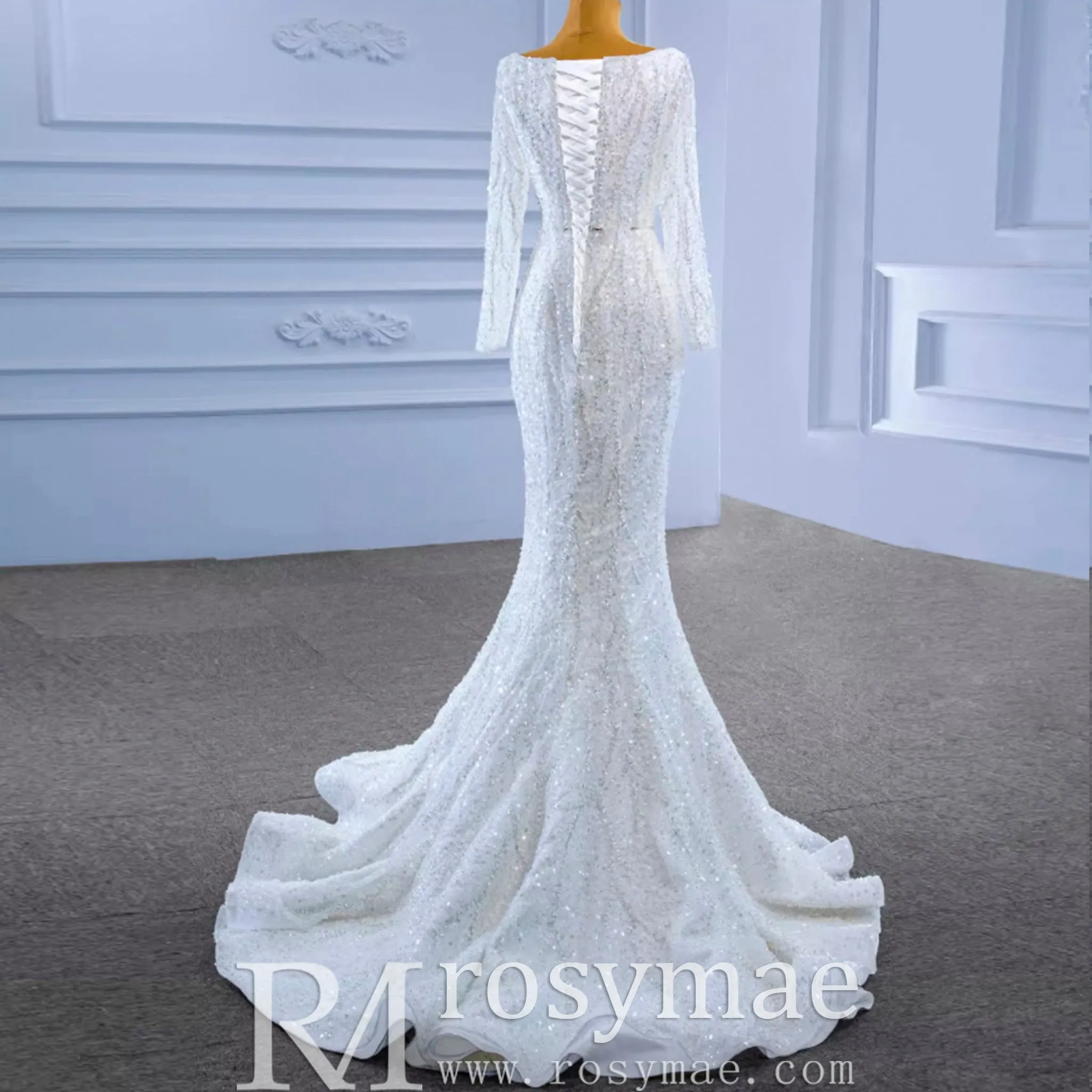 Square Neck Long Sleeve Wedding Dress with Detachable Train