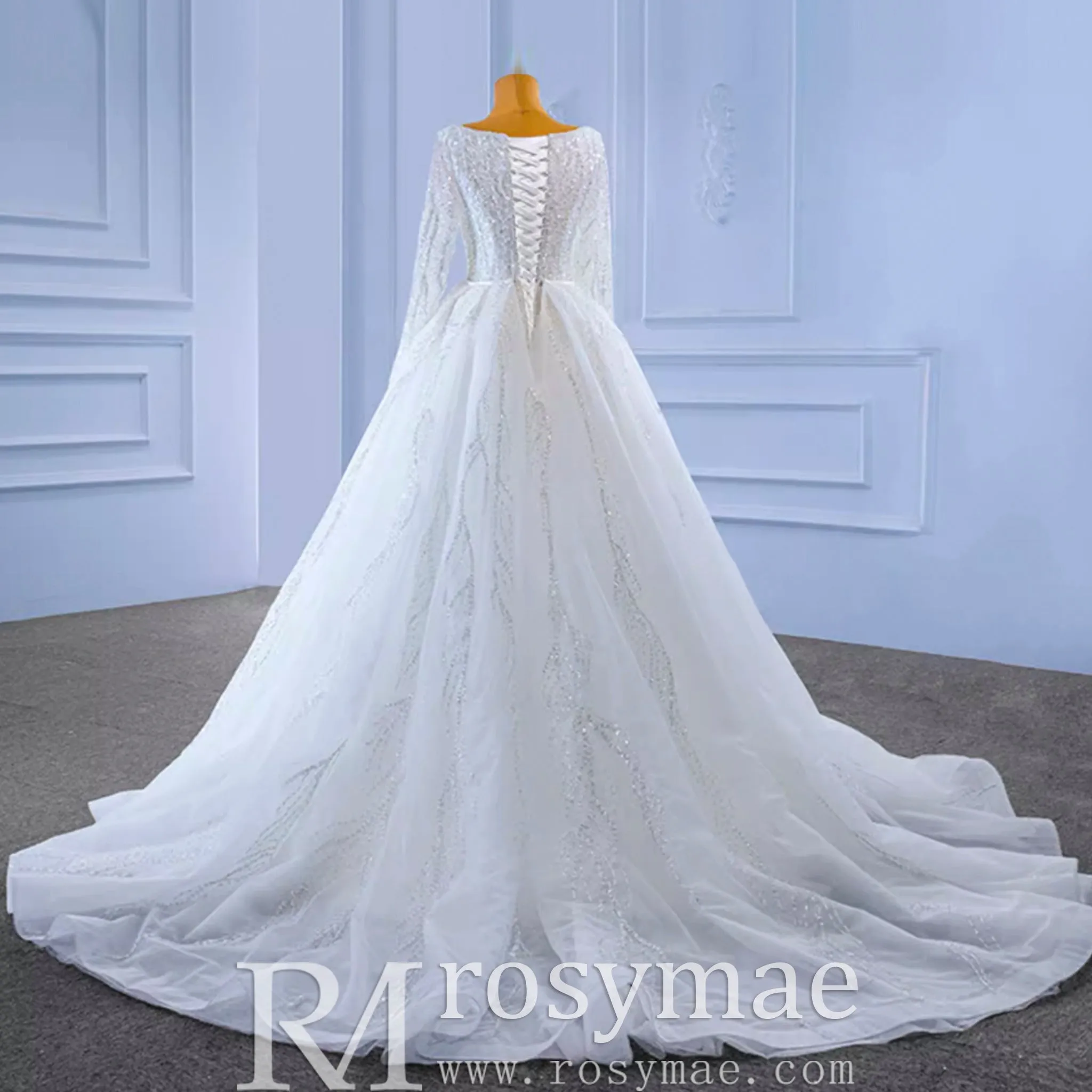 Square Neck Long Sleeve Wedding Dress with Detachable Train