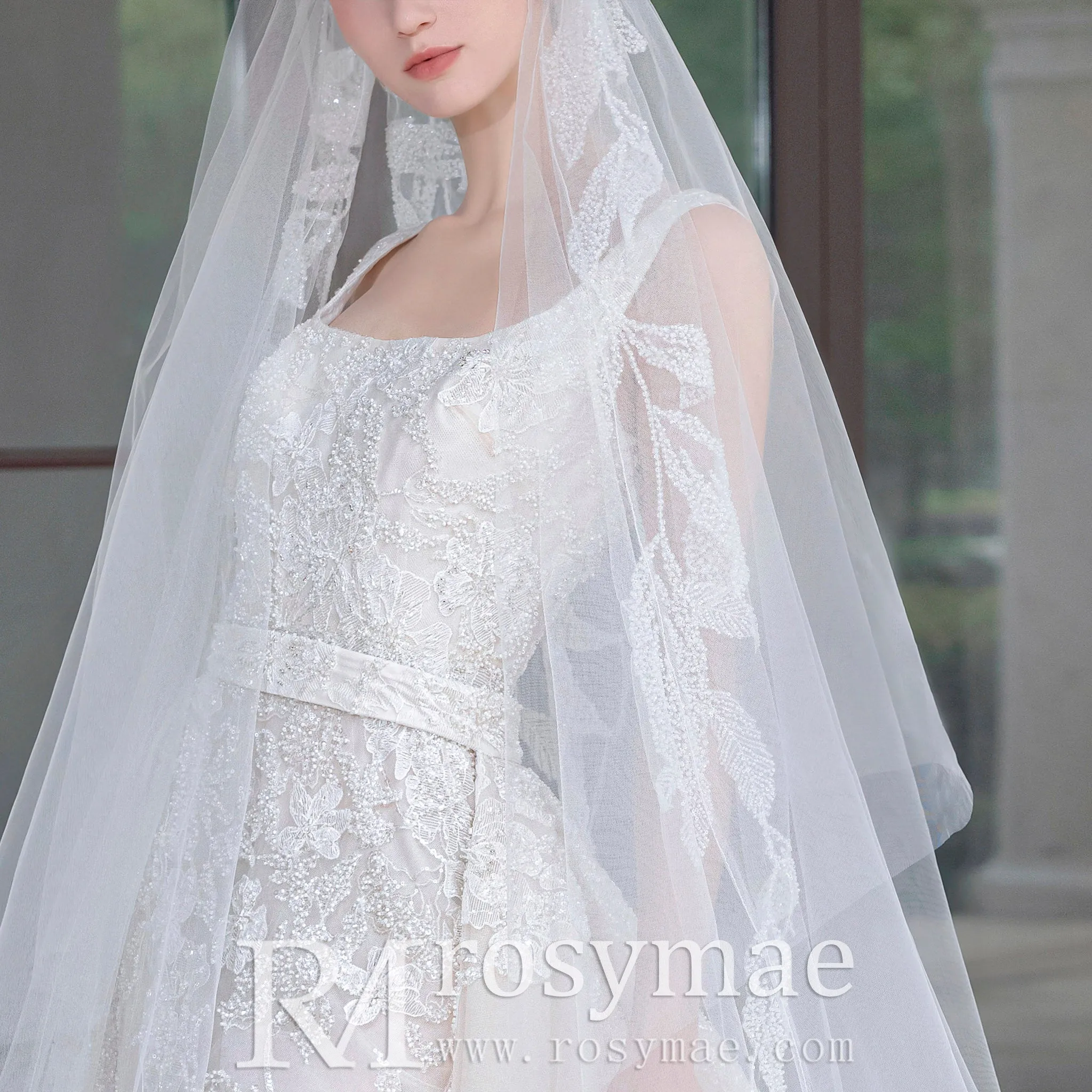 Square Neck Mermaid Lace Wedding Dress with Detachable Train