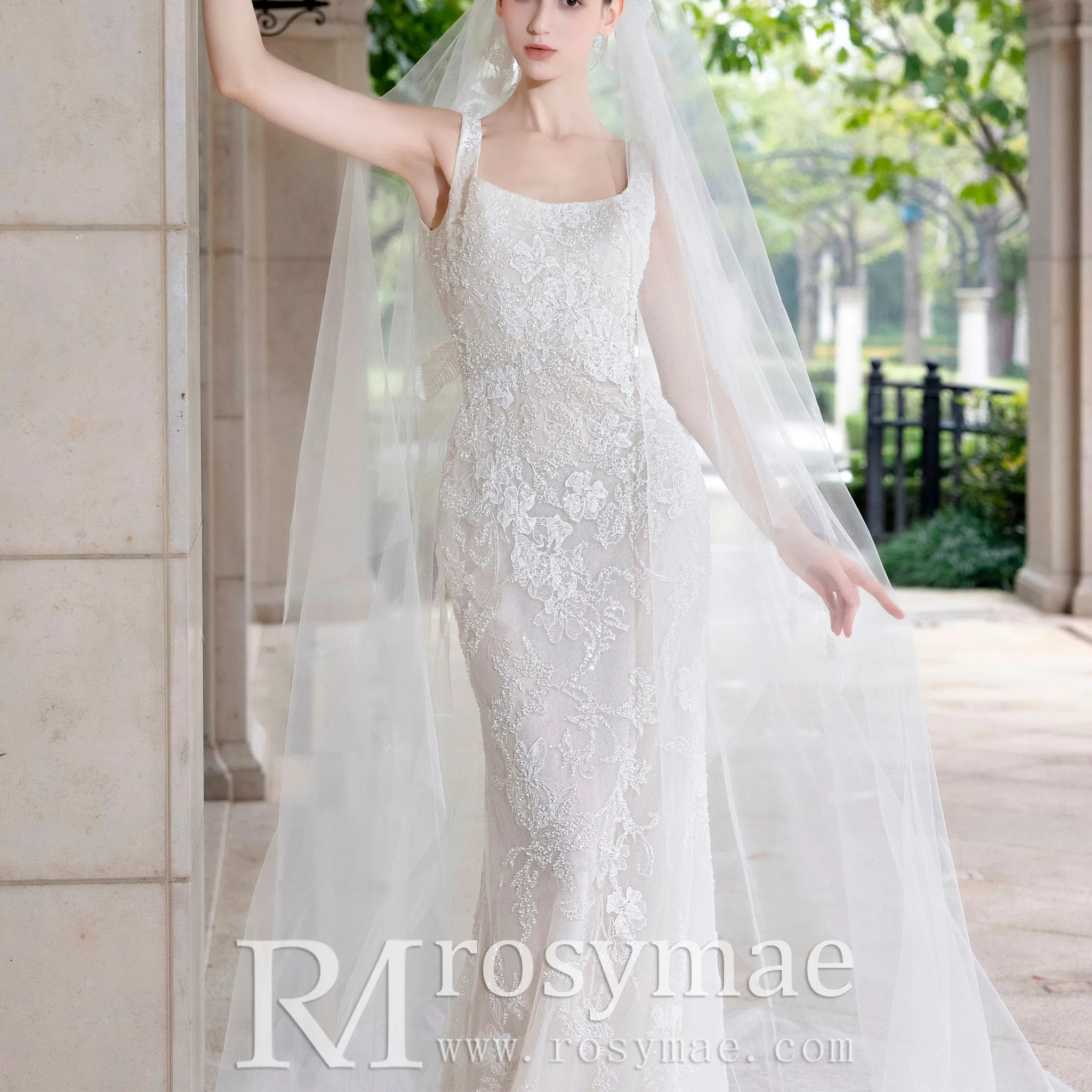 Square Neck Mermaid Lace Wedding Dress with Detachable Train