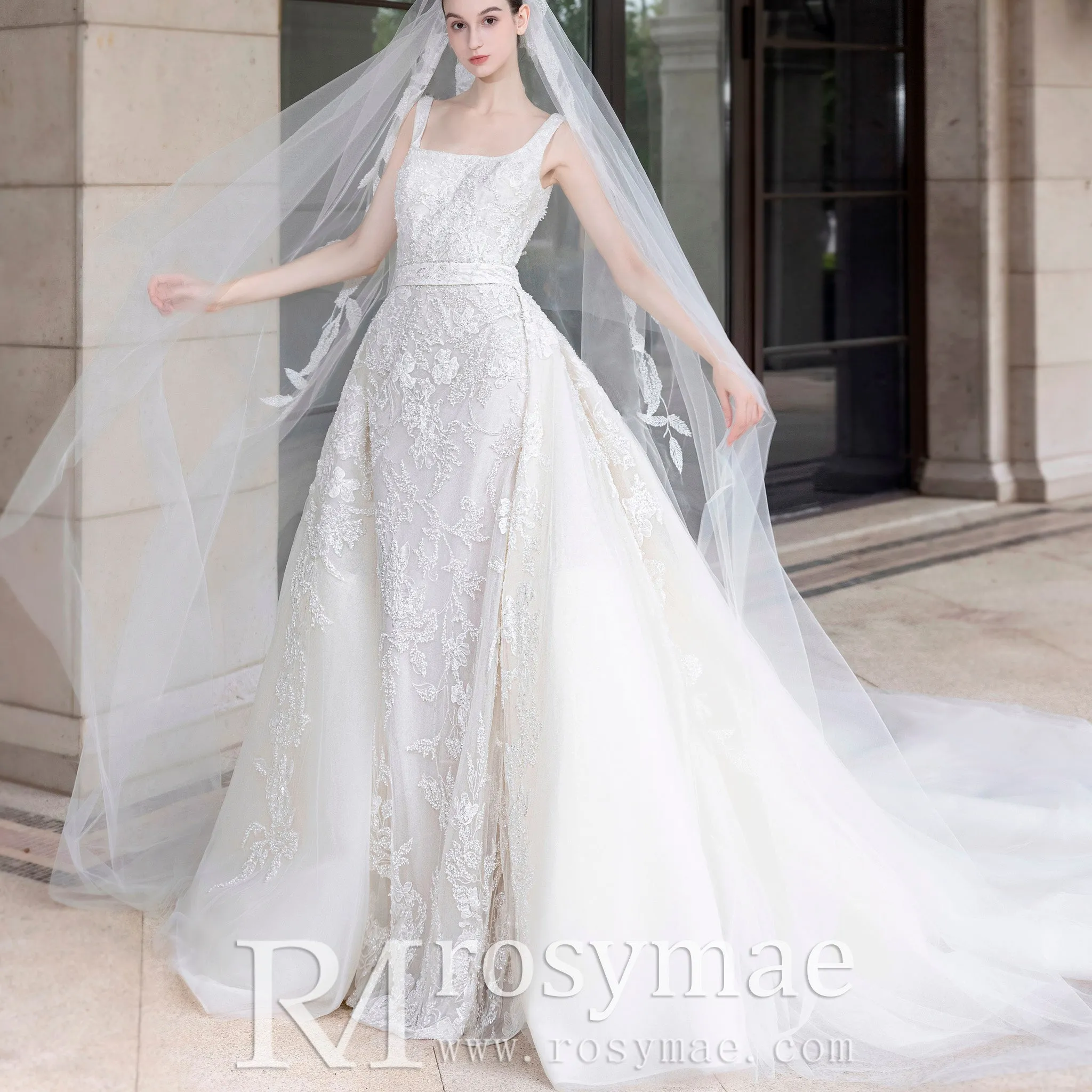 Square Neck Mermaid Lace Wedding Dress with Detachable Train