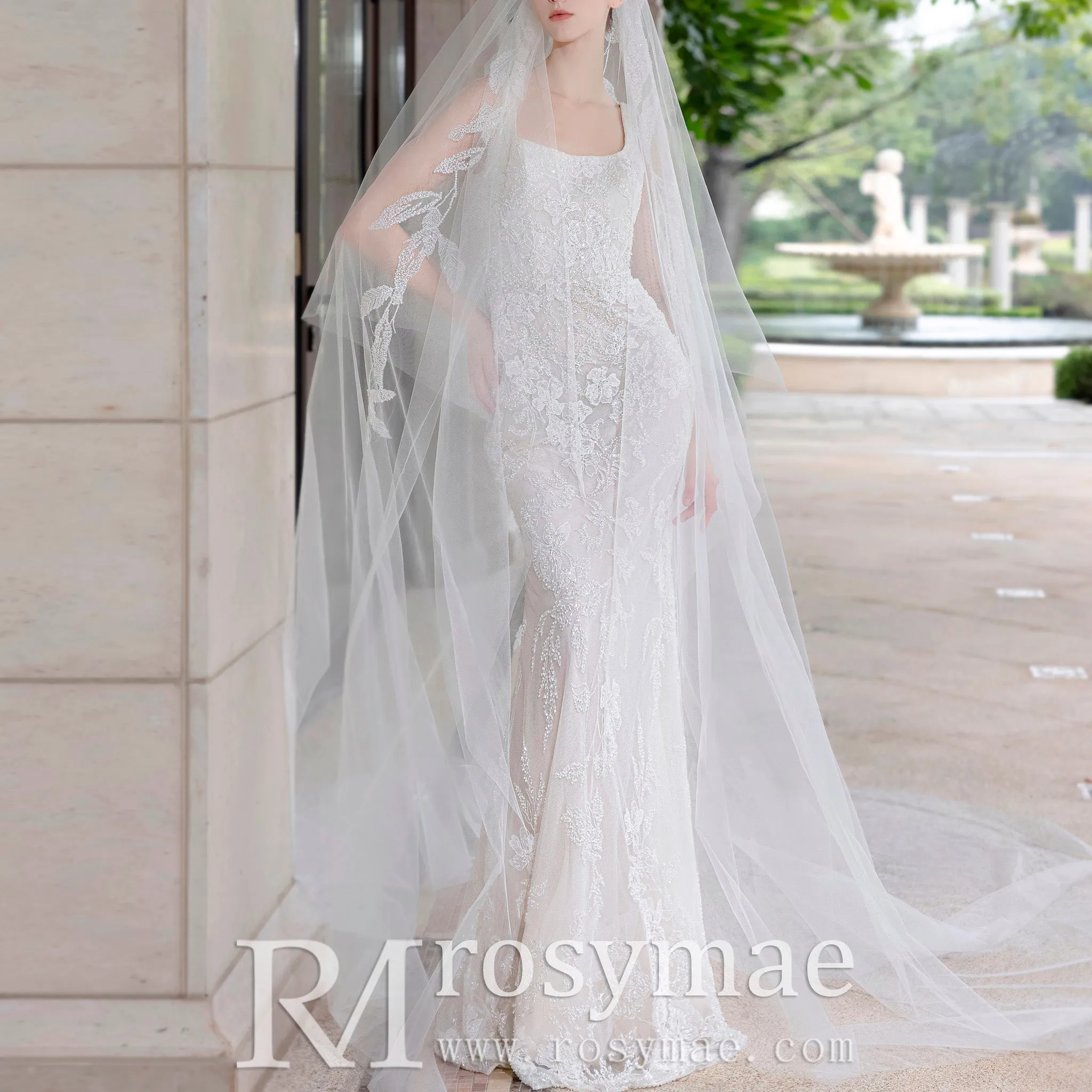 Square Neck Mermaid Lace Wedding Dress with Detachable Train