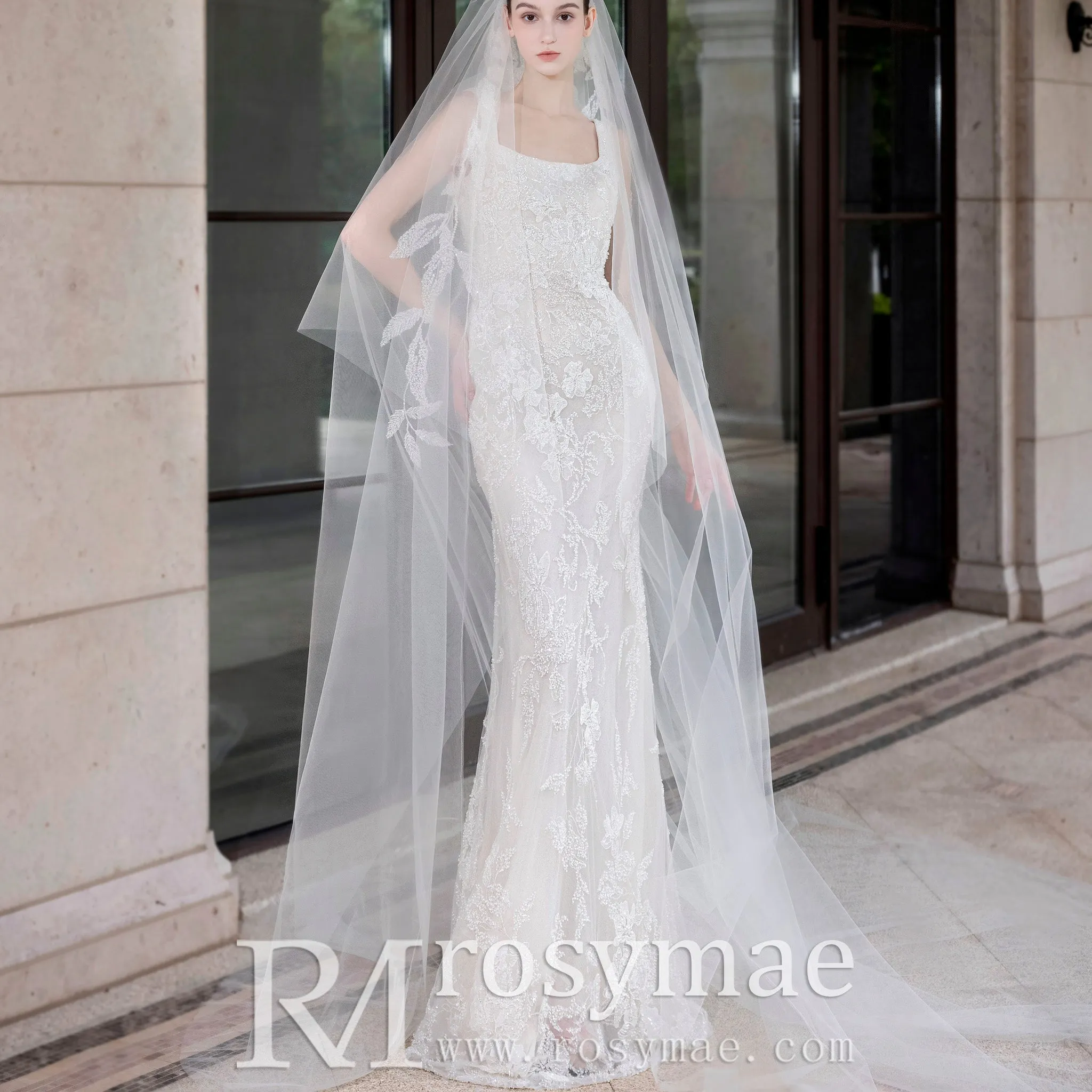 Square Neck Mermaid Lace Wedding Dress with Detachable Train