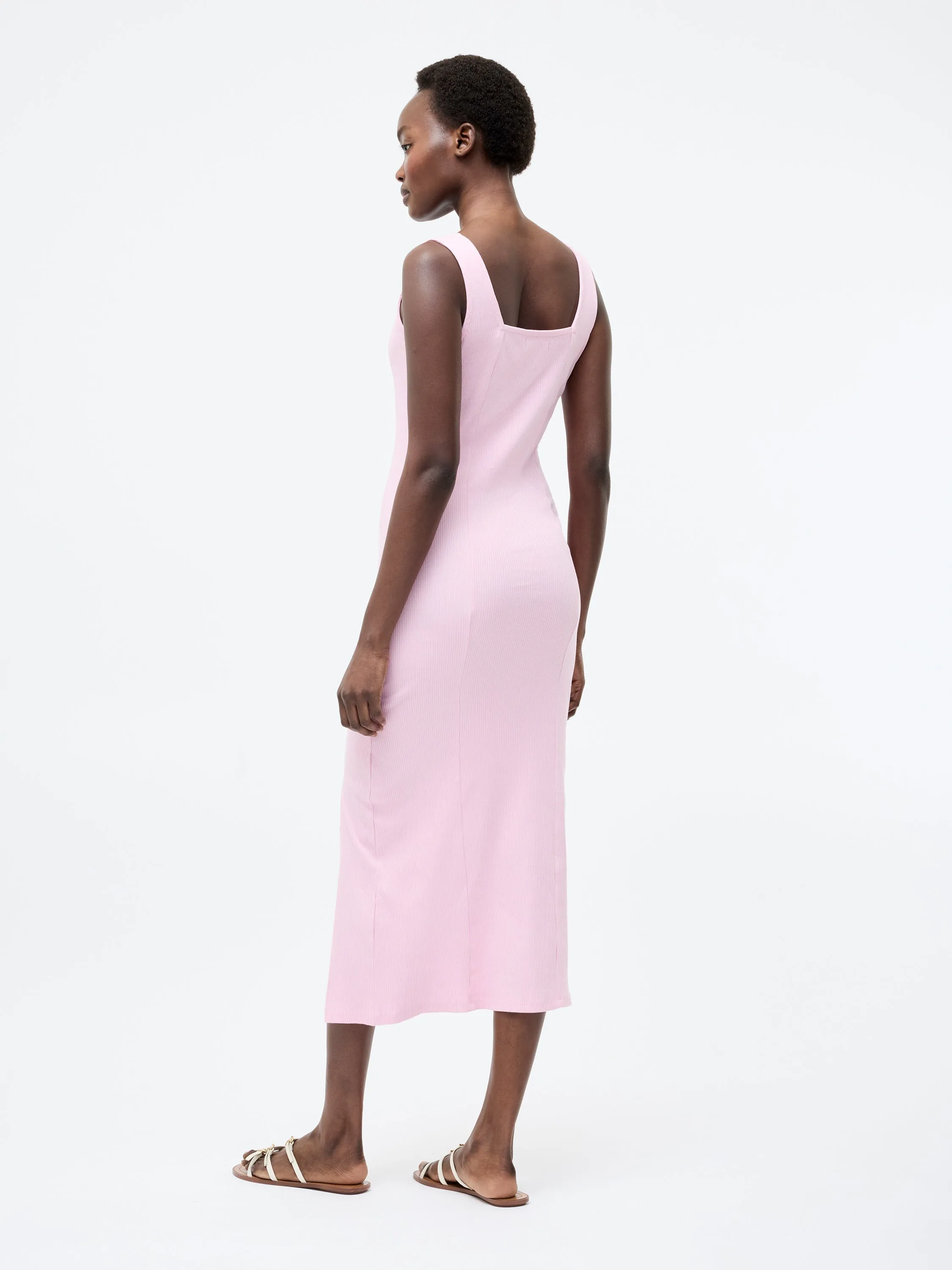Square Neck Ribbed Bodycon Midi Dress