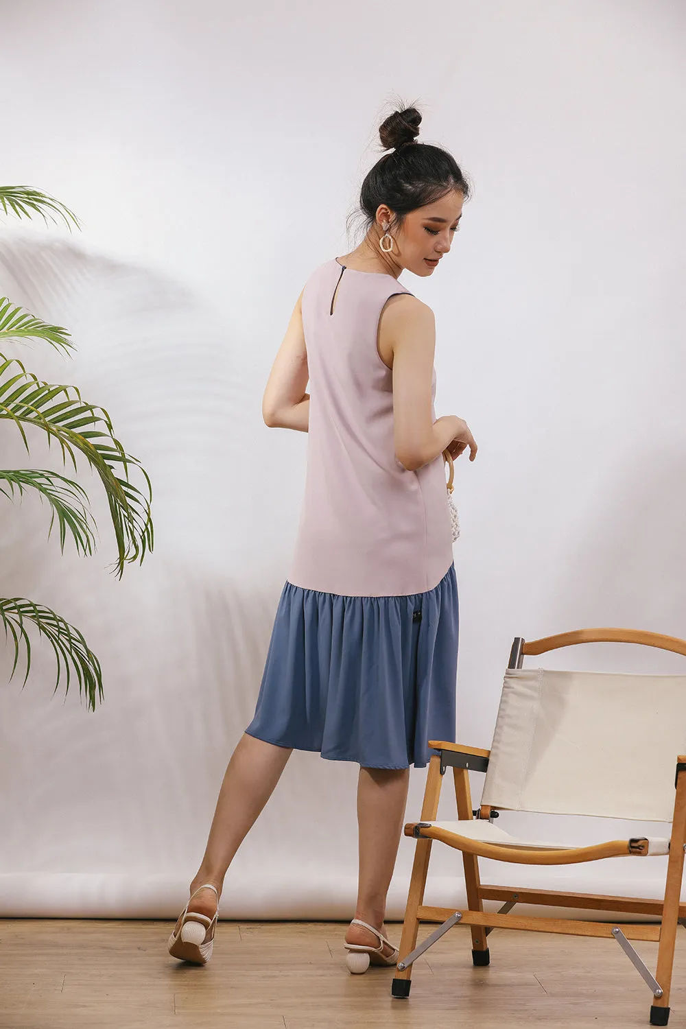 Starla Two-Way Sash Tie Midi Dress in Dust Blue/Pink (Convertible)