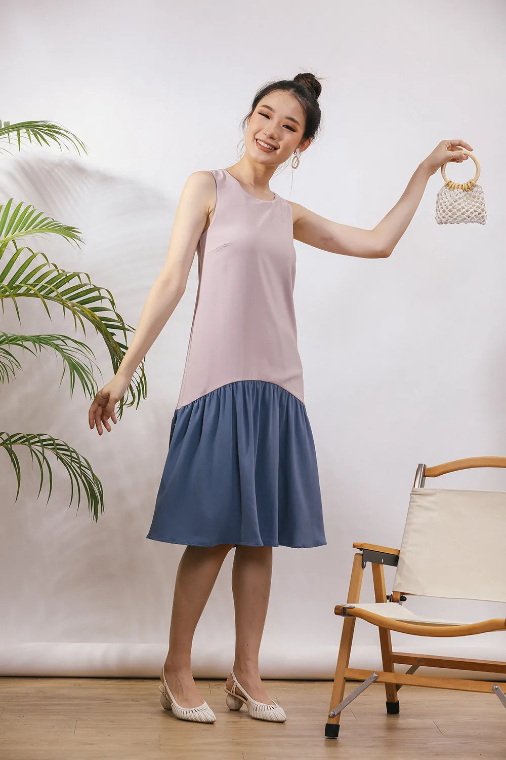 Starla Two-Way Sash Tie Midi Dress in Dust Blue/Pink (Convertible)