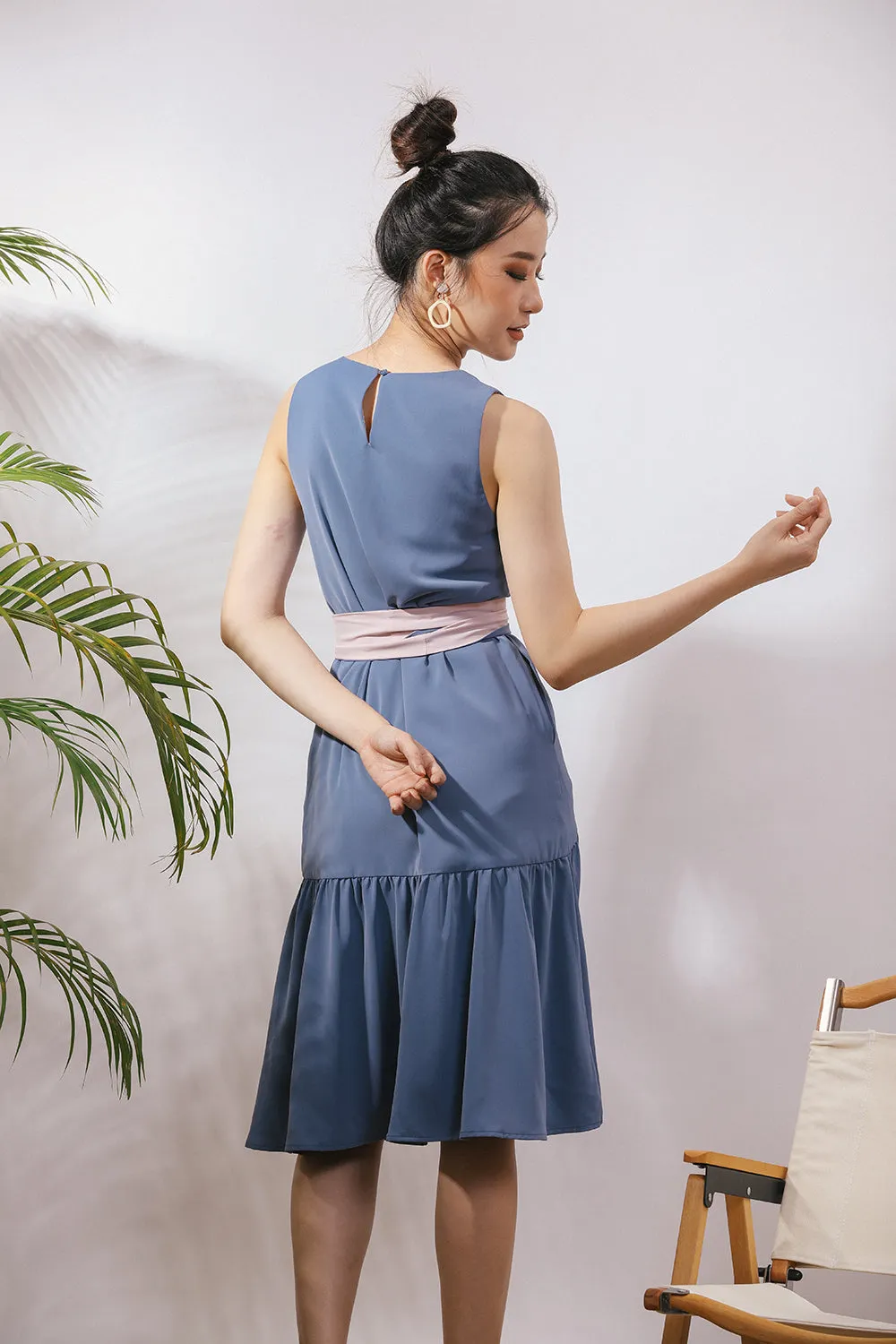 Starla Two-Way Sash Tie Midi Dress in Dust Blue/Pink (Convertible)