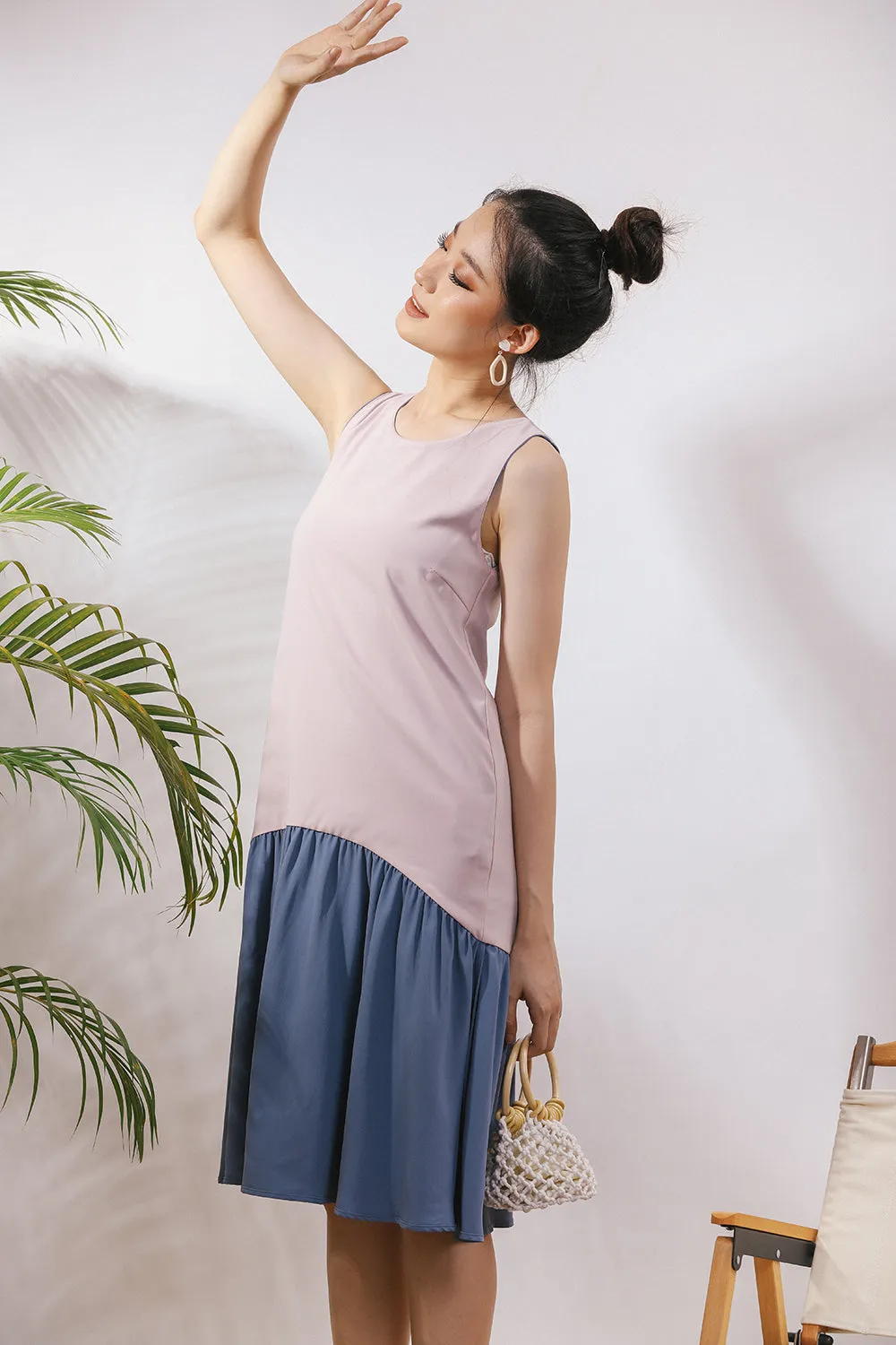Starla Two-Way Sash Tie Midi Dress in Dust Blue/Pink (Convertible)