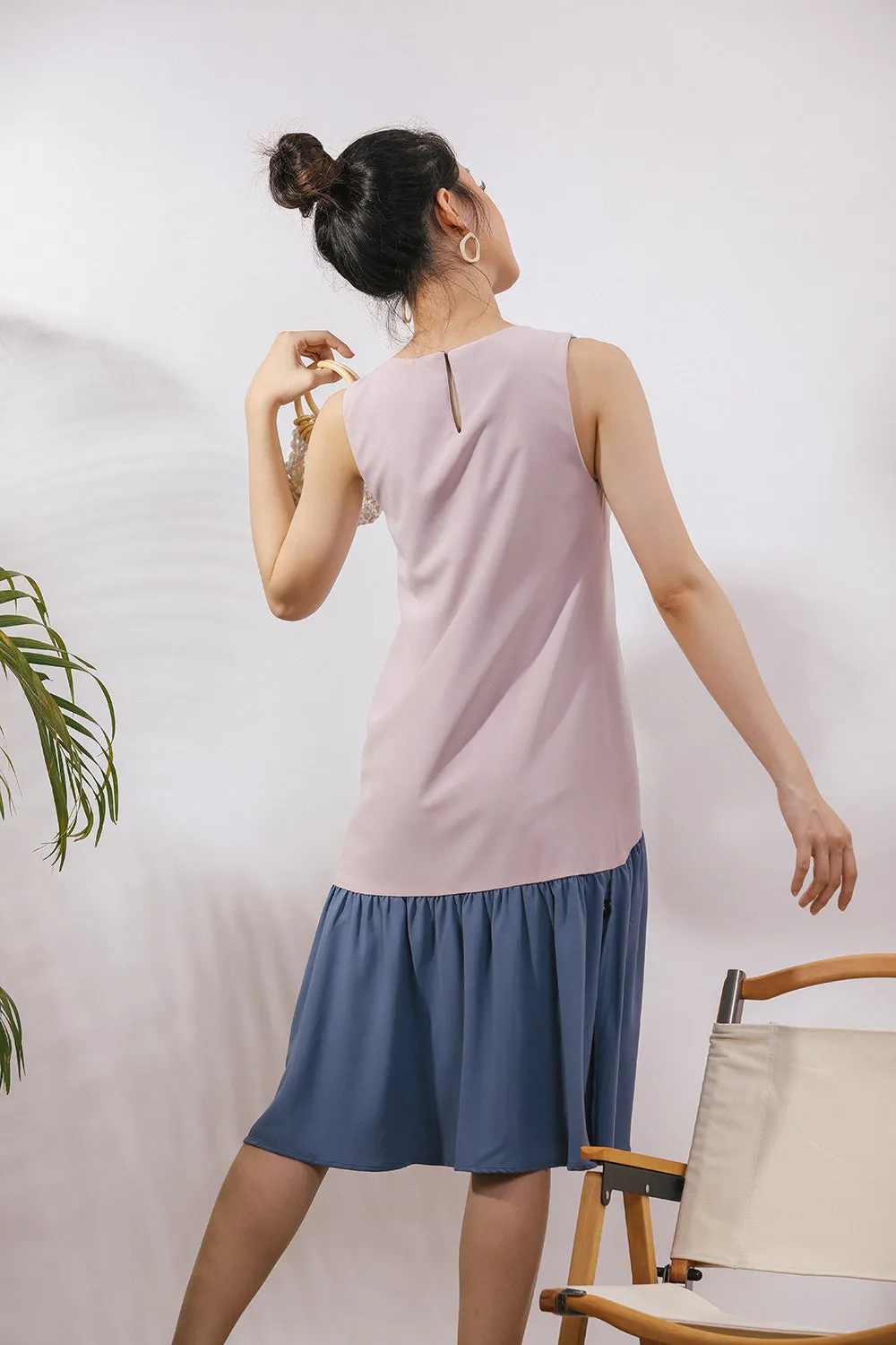 Starla Two-Way Sash Tie Midi Dress in Dust Blue/Pink (Convertible)
