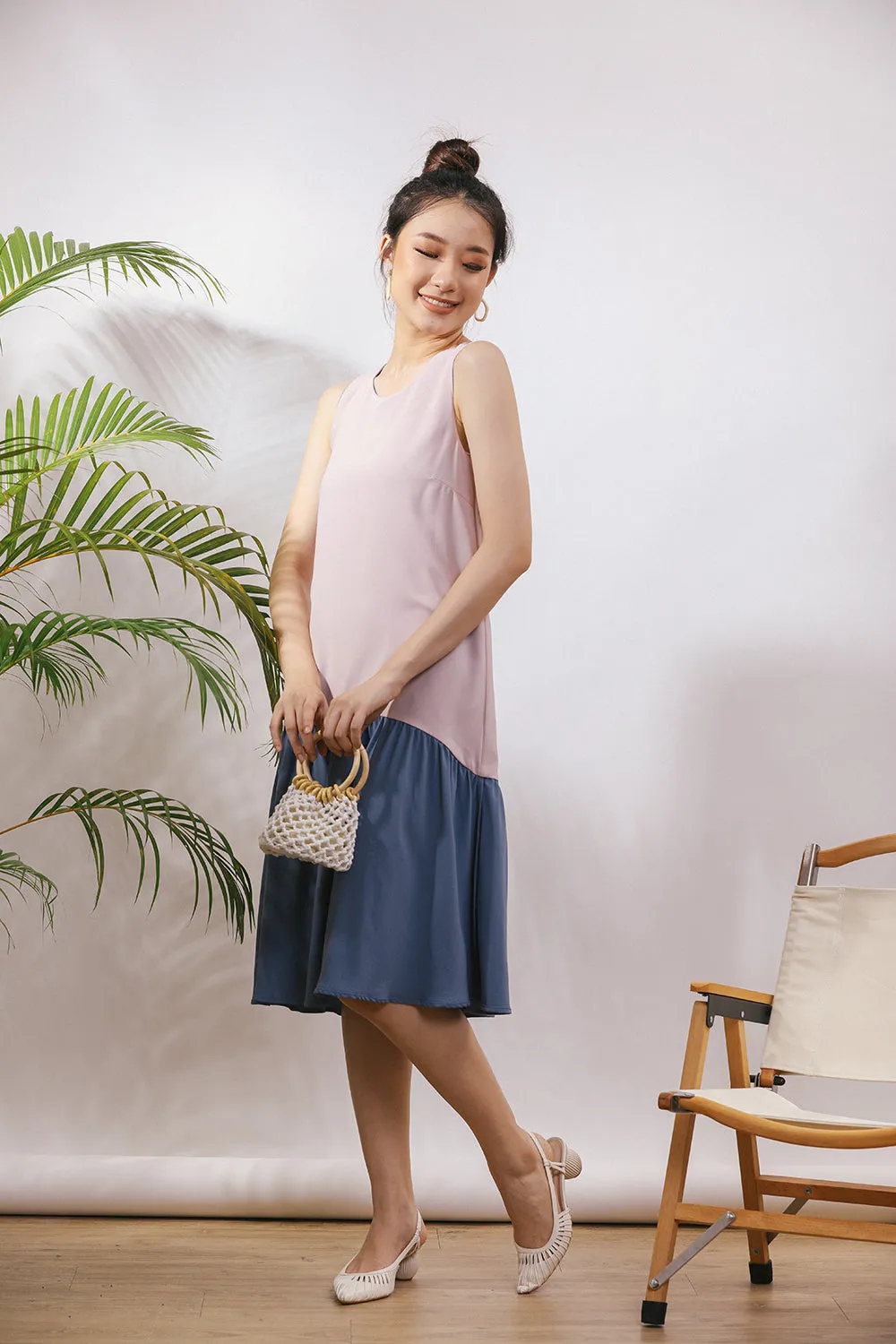 Starla Two-Way Sash Tie Midi Dress in Dust Blue/Pink (Convertible)