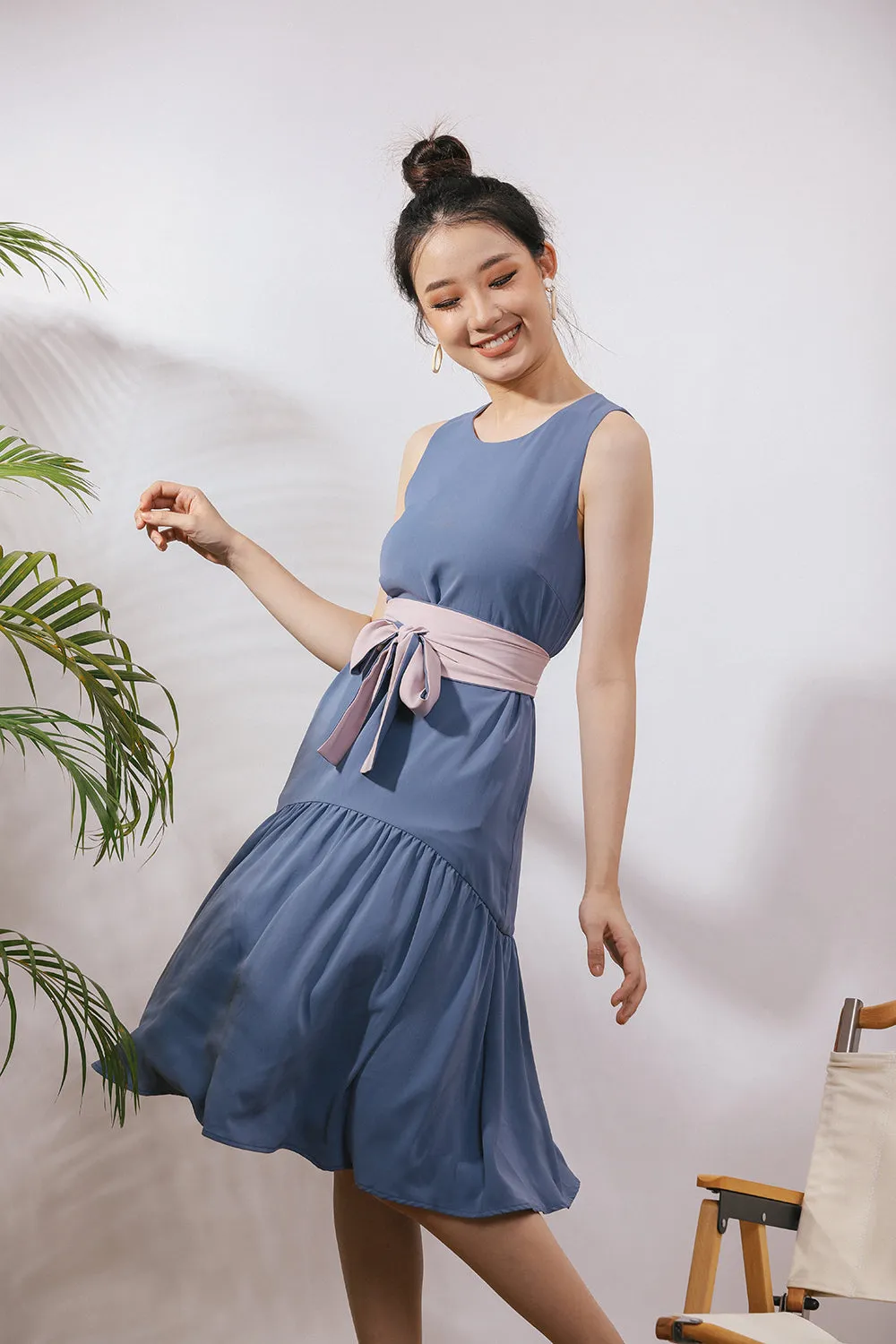 Starla Two-Way Sash Tie Midi Dress in Dust Blue/Pink (Convertible)