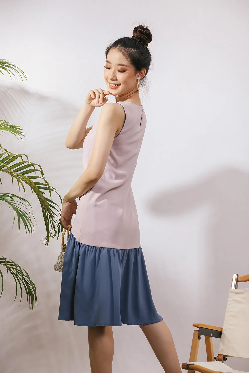 Starla Two-Way Sash Tie Midi Dress in Dust Blue/Pink (Convertible)