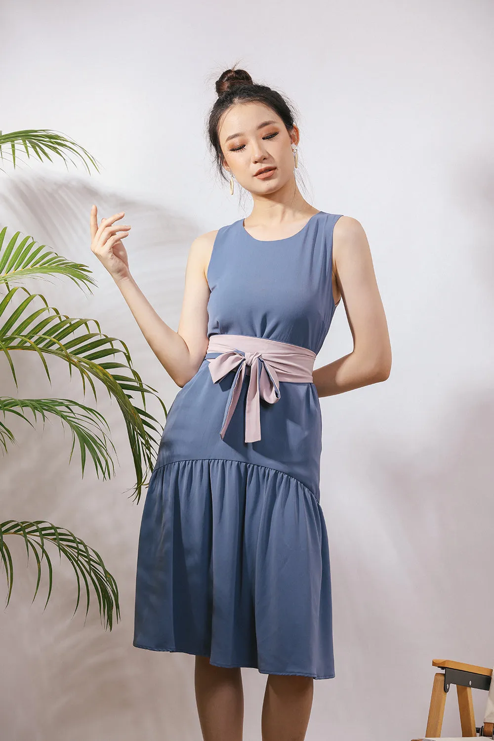 Starla Two-Way Sash Tie Midi Dress in Dust Blue/Pink (Convertible)