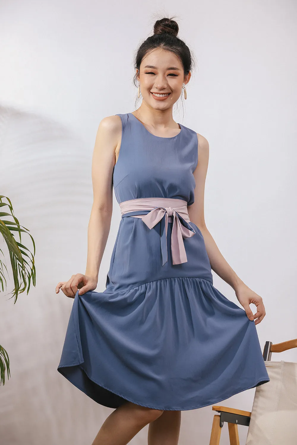 Starla Two-Way Sash Tie Midi Dress in Dust Blue/Pink (Convertible)