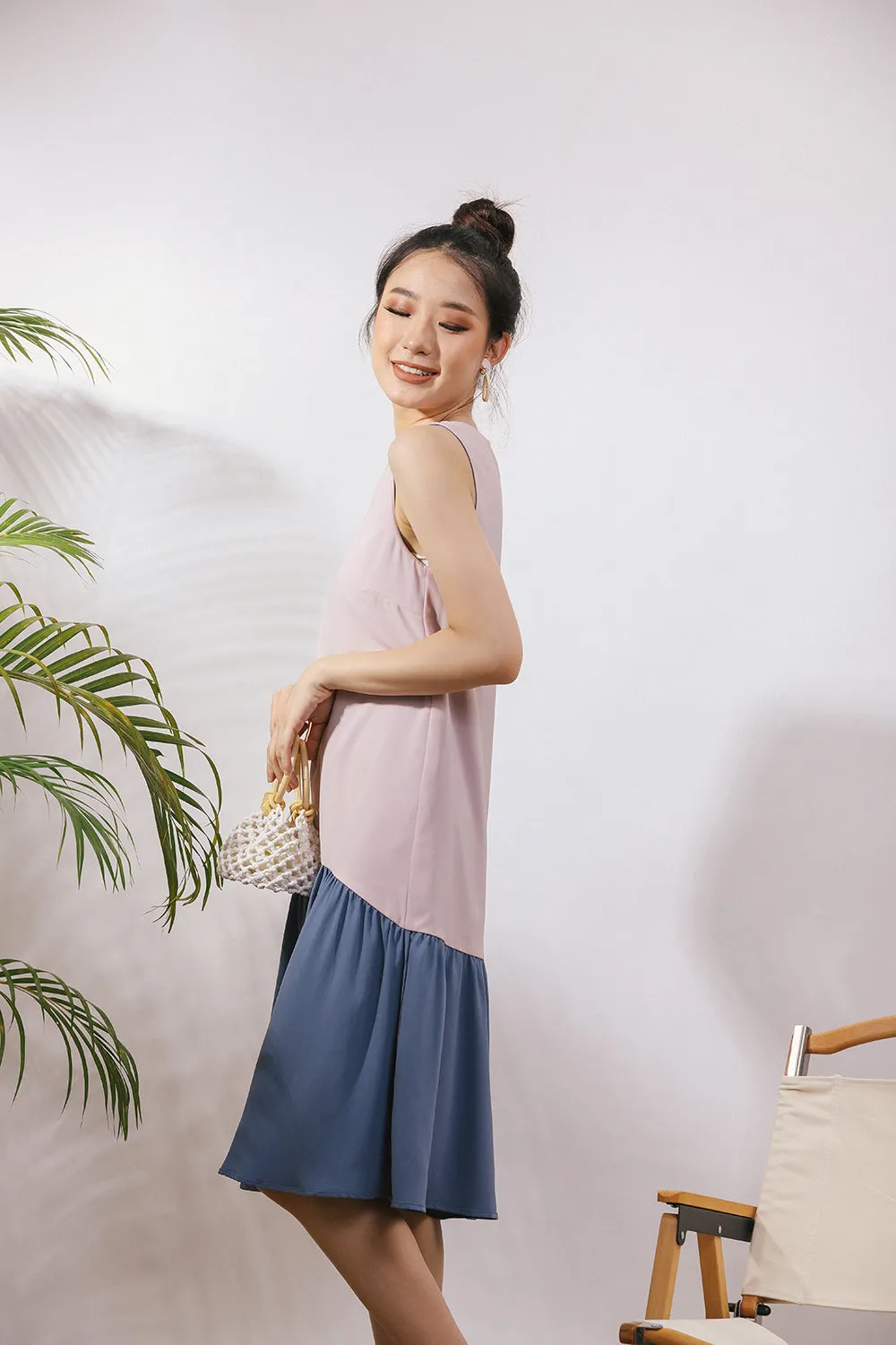 Starla Two-Way Sash Tie Midi Dress in Dust Blue/Pink (Convertible)