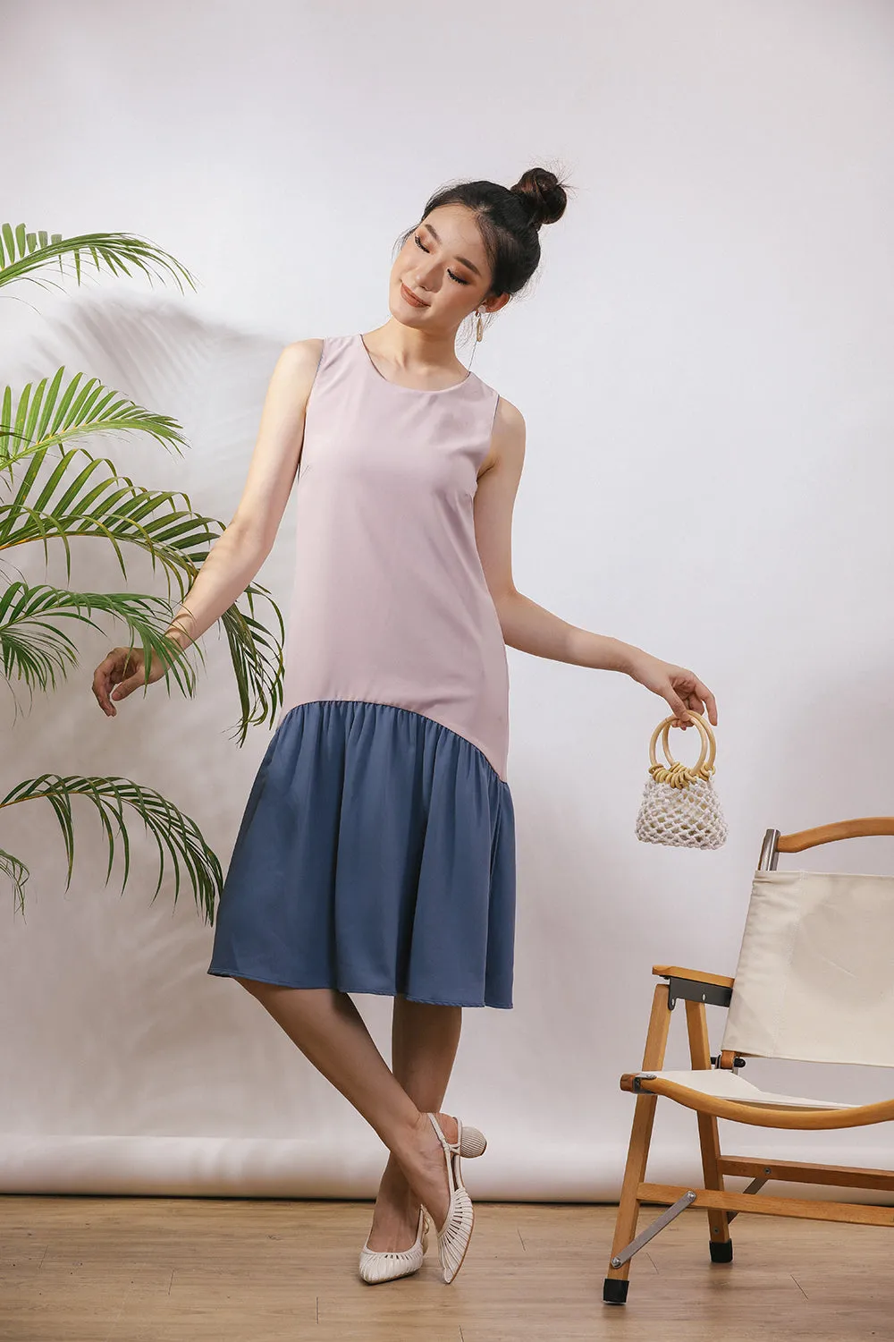 Starla Two-Way Sash Tie Midi Dress in Dust Blue/Pink (Convertible)