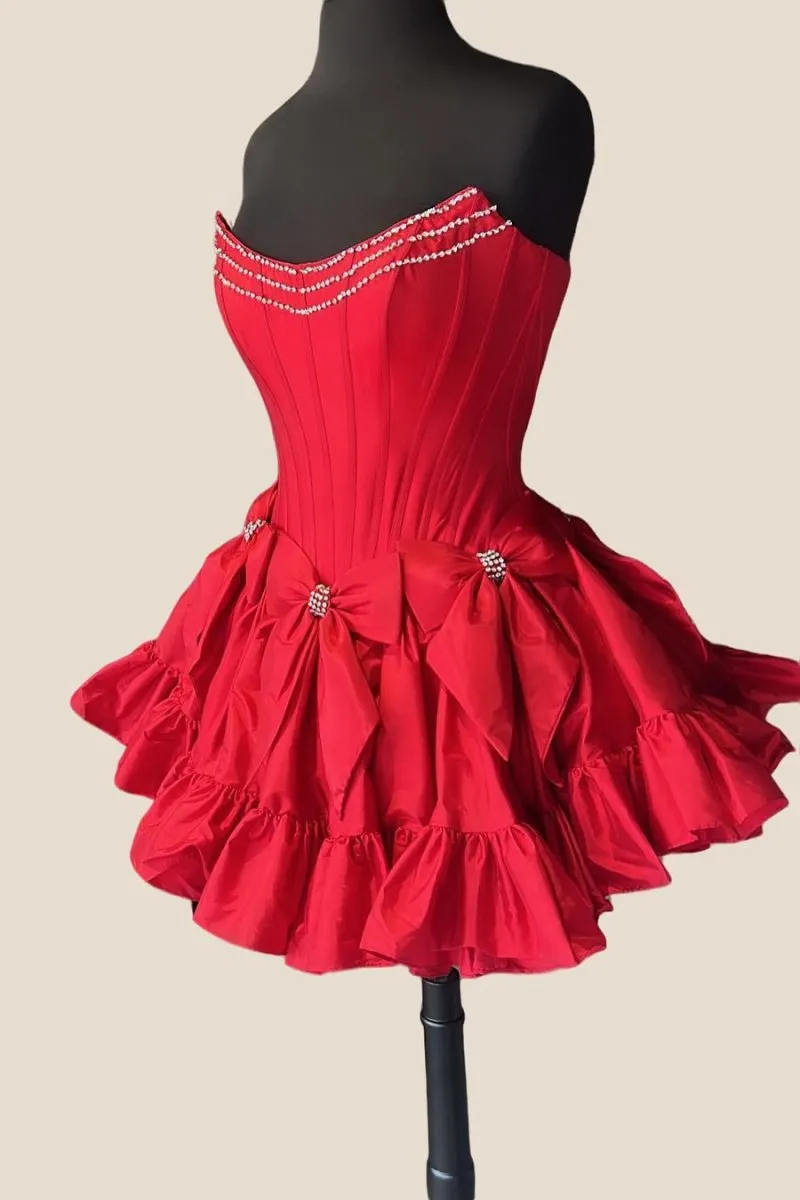 Strapless Beaded Short Homecoming Dresses with Bow