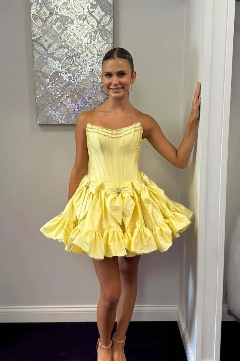 Strapless Beaded Short Homecoming Dresses with Bow
