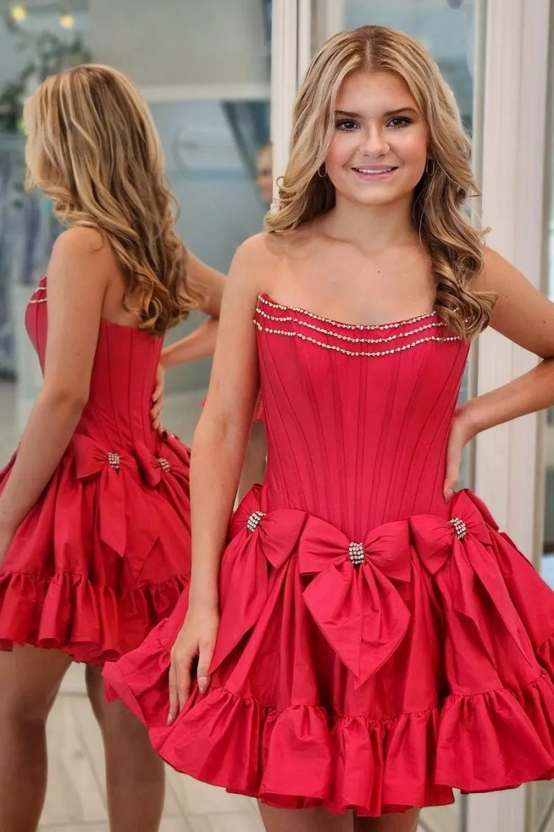 Strapless Beaded Short Homecoming Dresses with Bow