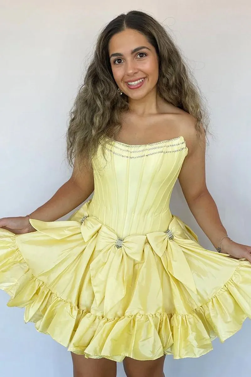Strapless Beaded Short Homecoming Dresses with Bow
