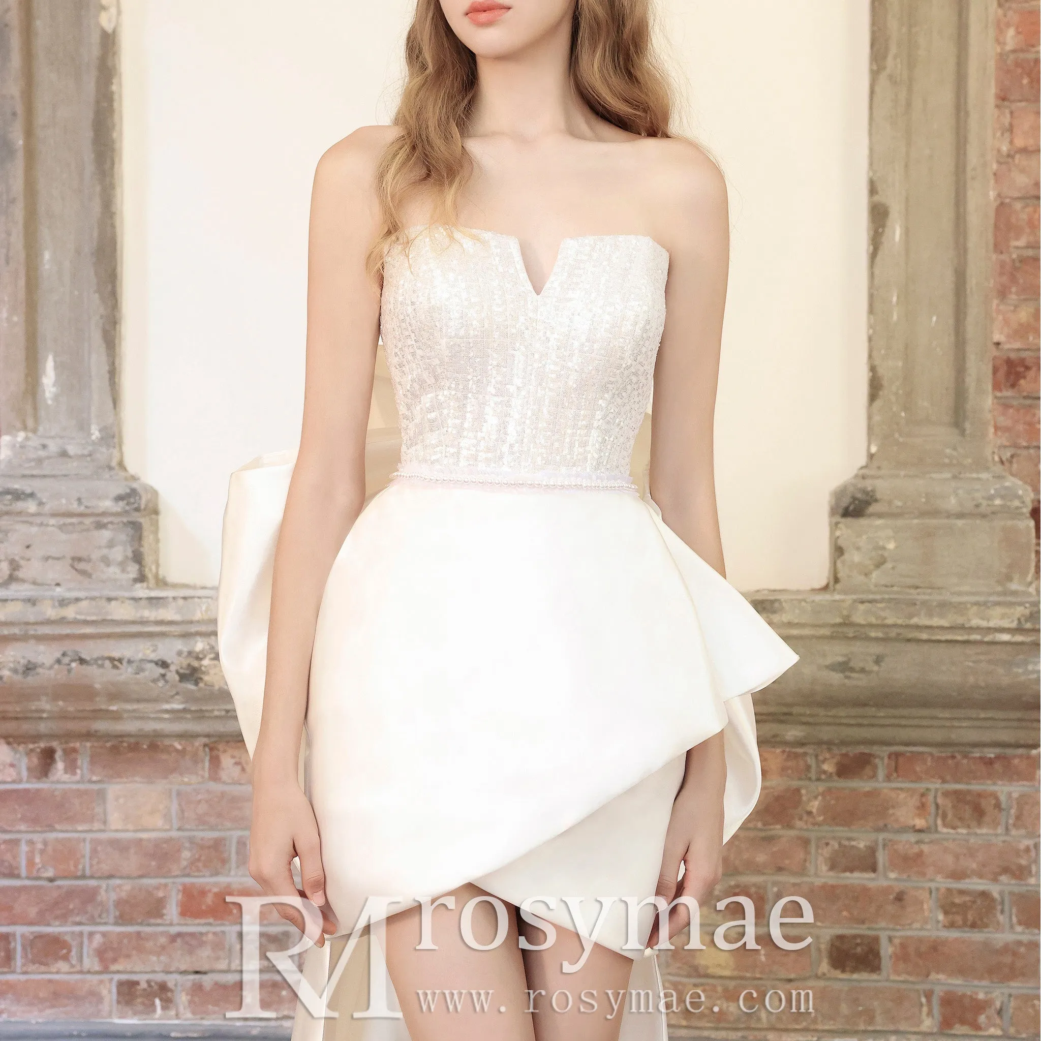 Strapless Vneck High Low Wedding Dress with Detachable Train