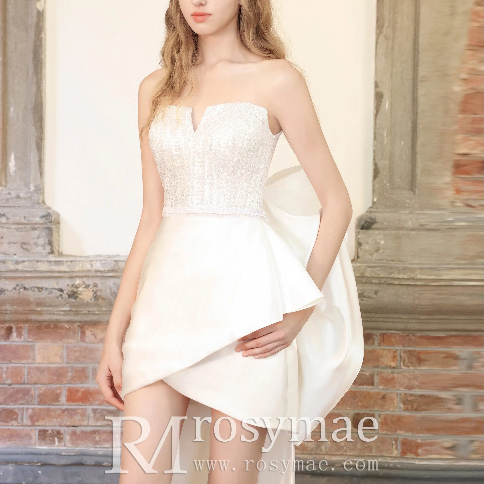 Strapless Vneck High Low Wedding Dress with Detachable Train