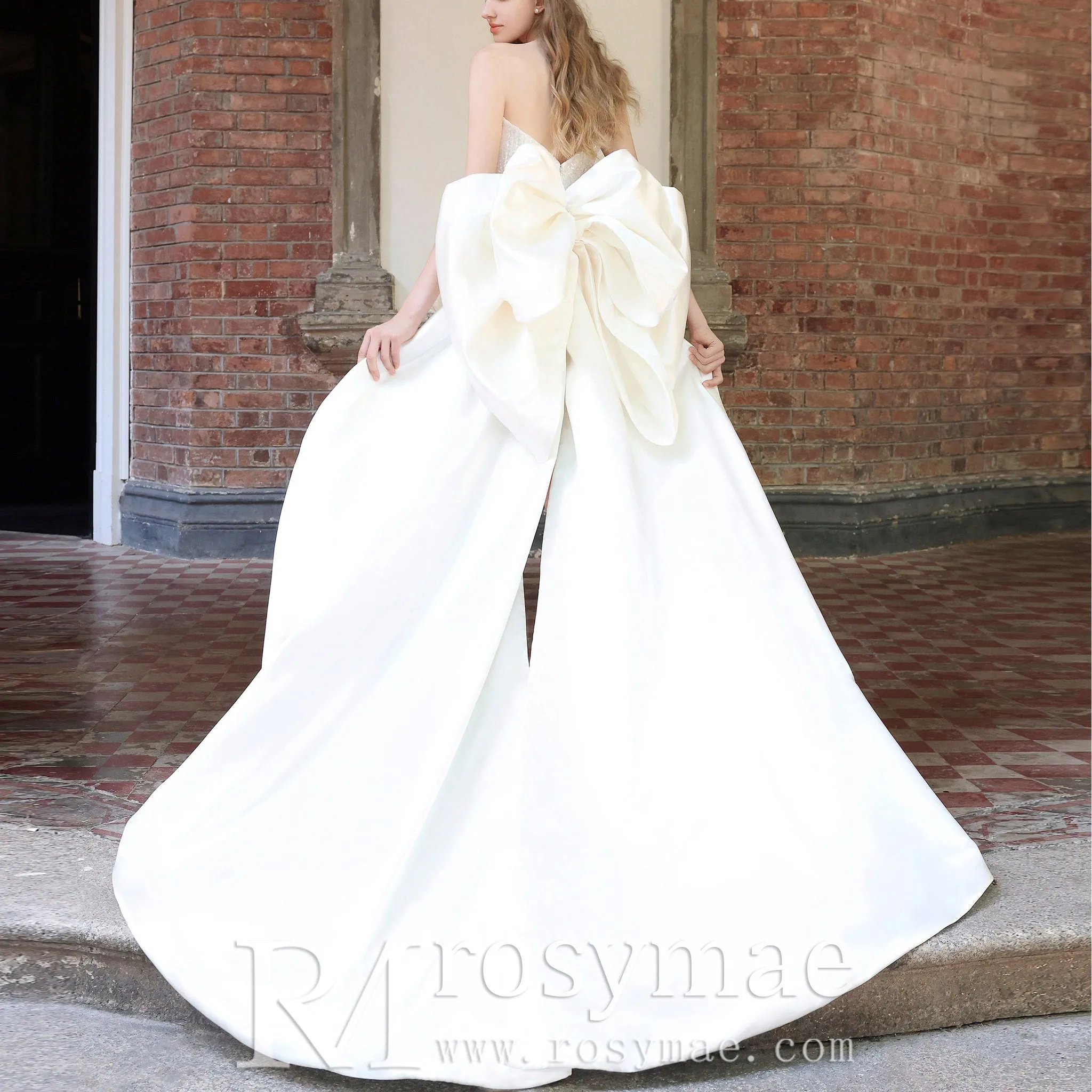 Strapless Vneck High Low Wedding Dress with Detachable Train