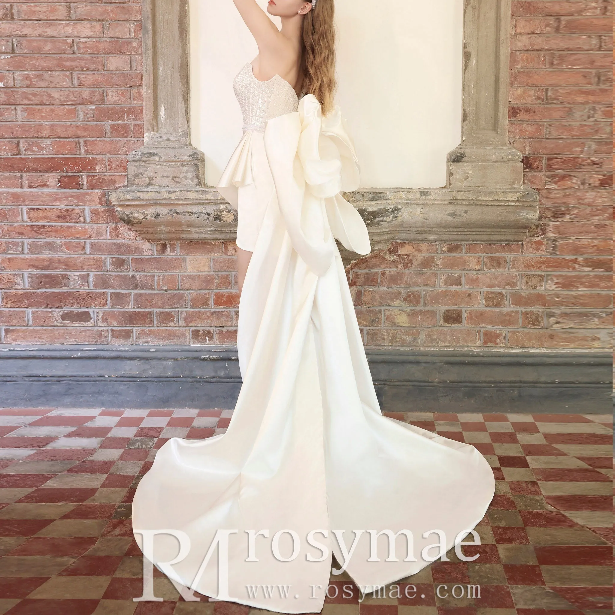 Strapless Vneck High Low Wedding Dress with Detachable Train