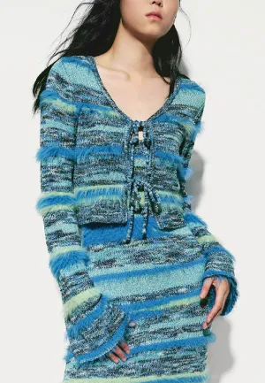 Stripe Feather Detail Tie Front Long Sleeve Knit Cardigan