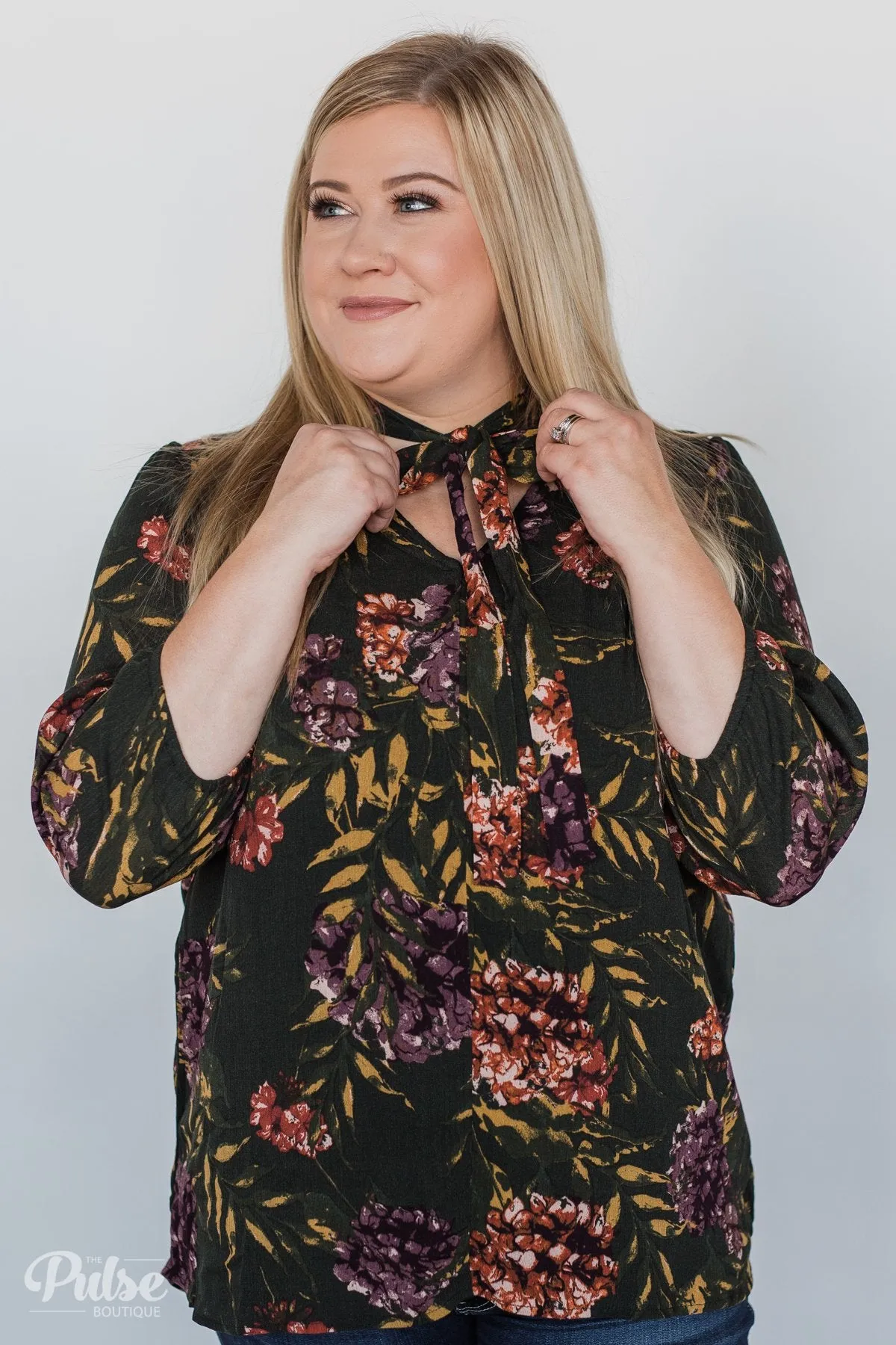 Stroll Through the Garden Tie Blouse- Deep Green