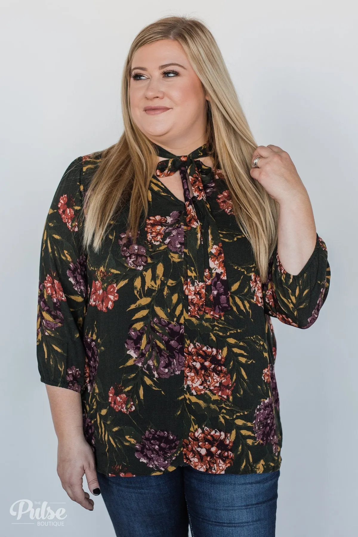 Stroll Through the Garden Tie Blouse- Deep Green
