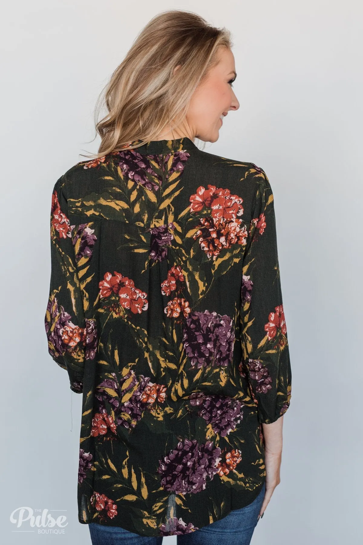 Stroll Through the Garden Tie Blouse- Deep Green