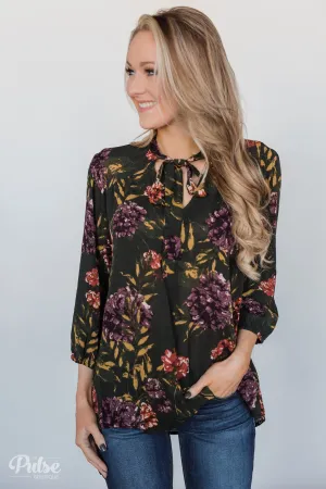 Stroll Through the Garden Tie Blouse- Deep Green