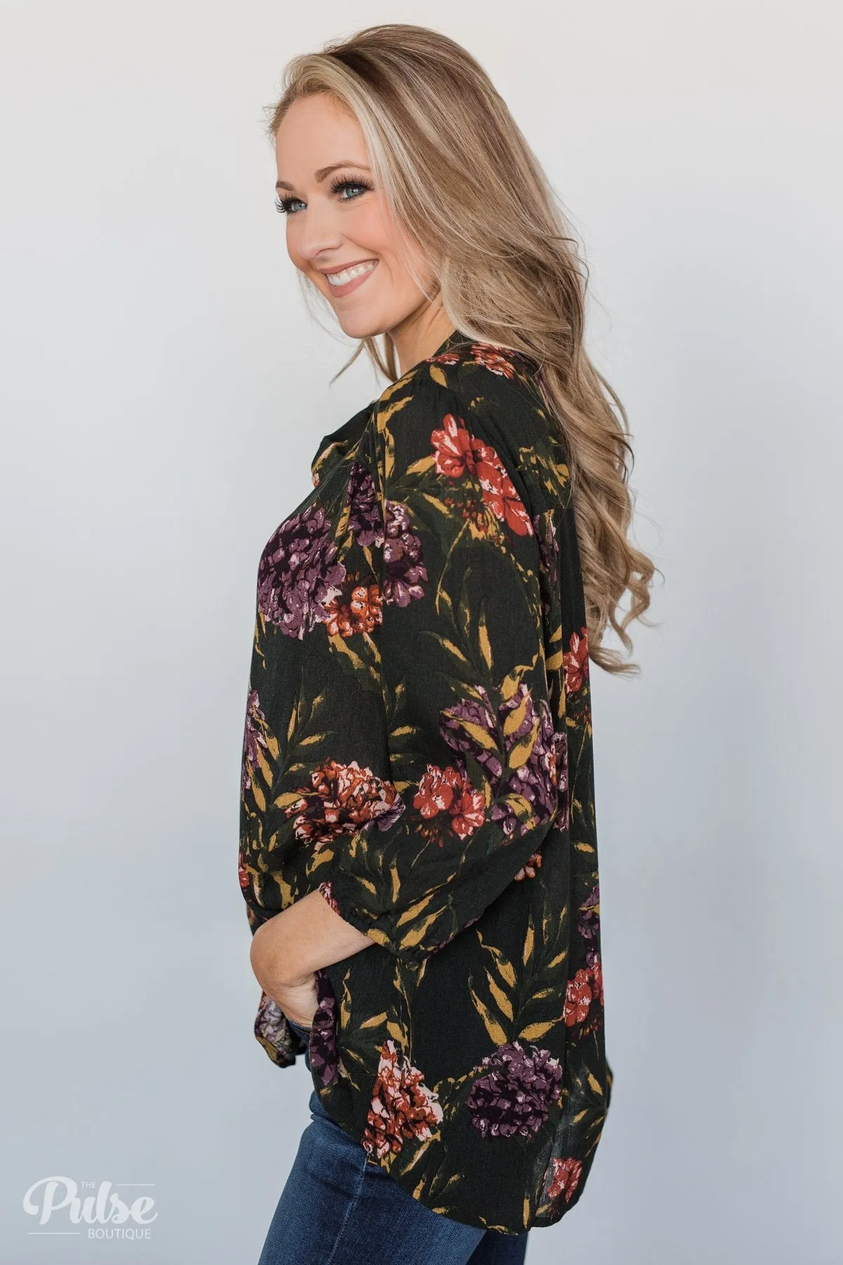 Stroll Through the Garden Tie Blouse- Deep Green