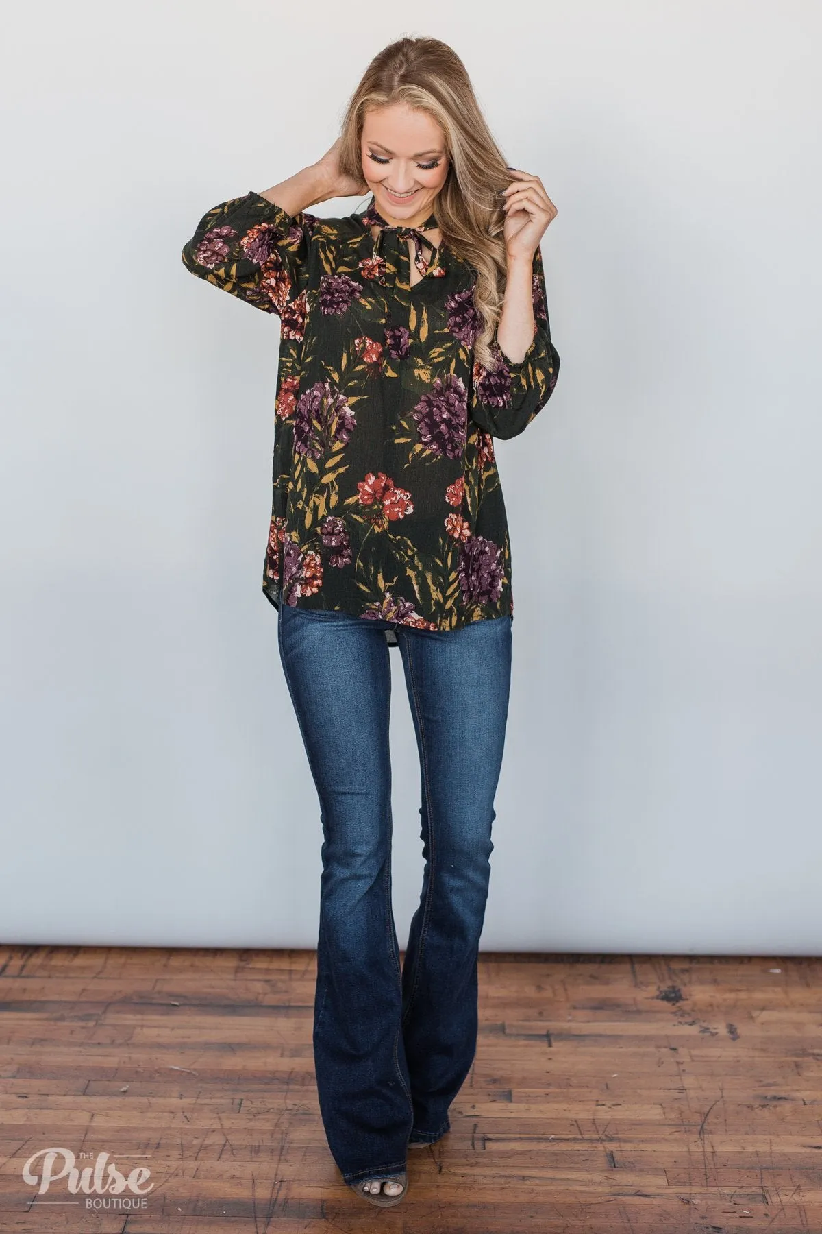 Stroll Through the Garden Tie Blouse- Deep Green