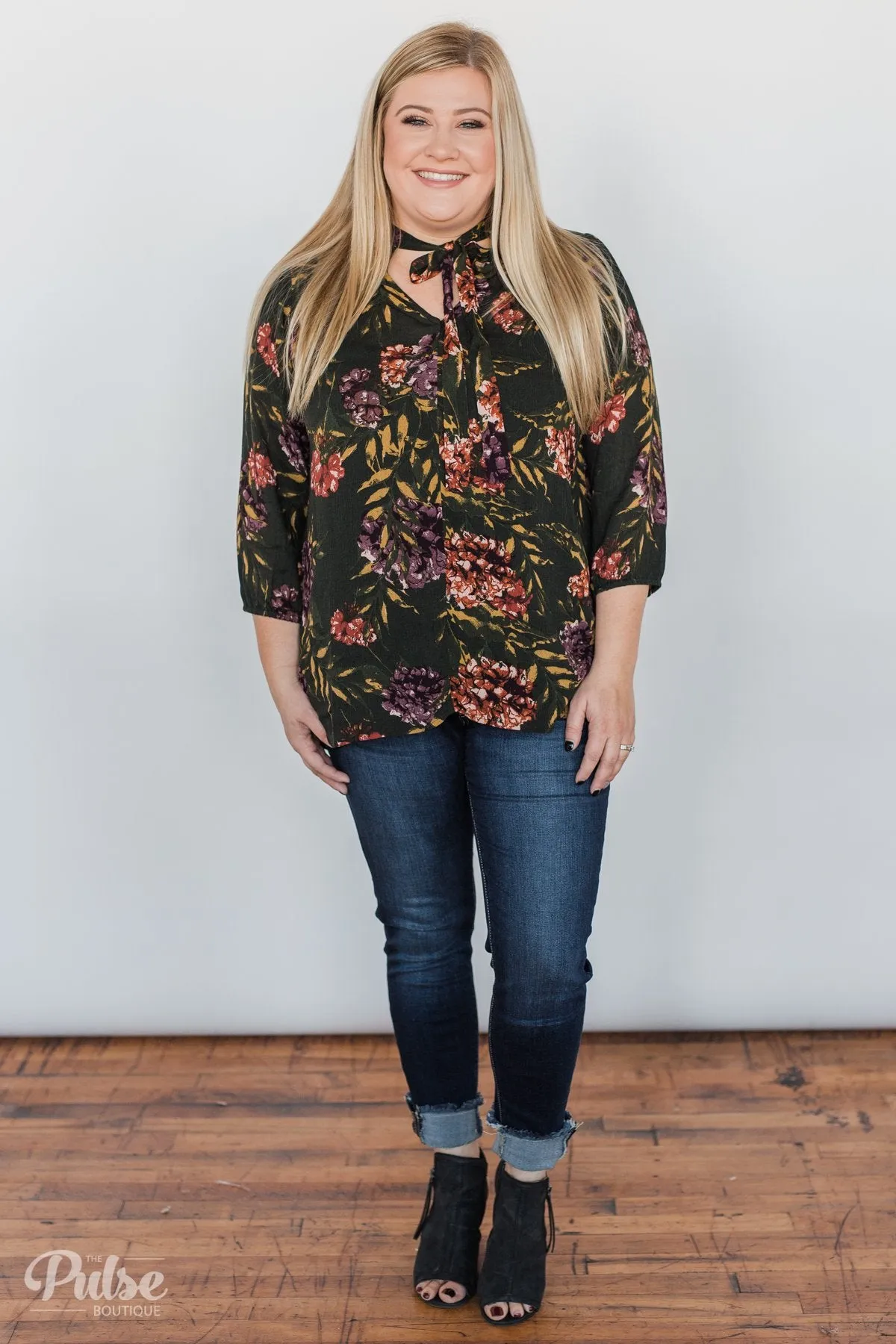 Stroll Through the Garden Tie Blouse- Deep Green