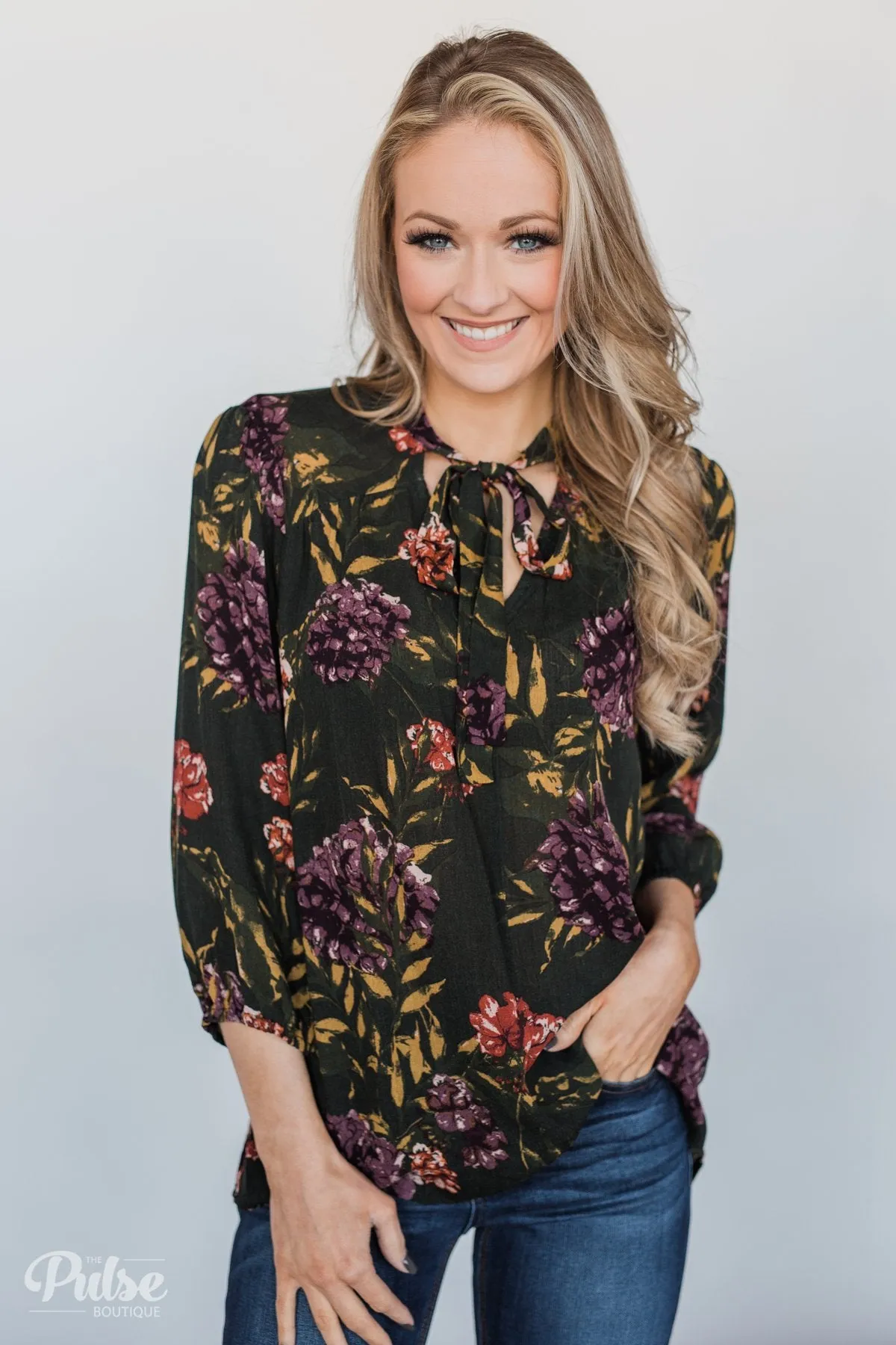 Stroll Through the Garden Tie Blouse- Deep Green