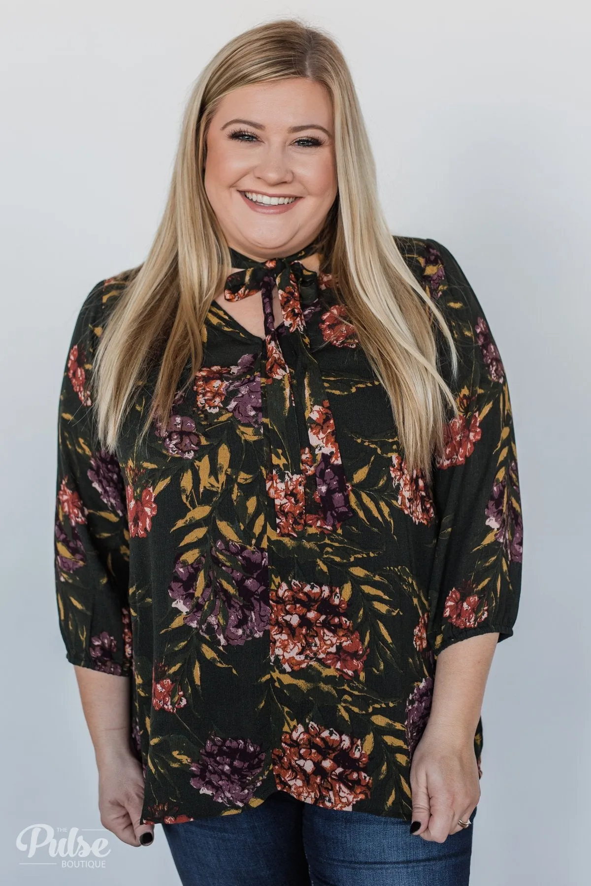 Stroll Through the Garden Tie Blouse- Deep Green