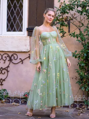 Sweetheart Embroidery Tea-Length Tulle Puff Sleeves Floral Corset Prom Dresses