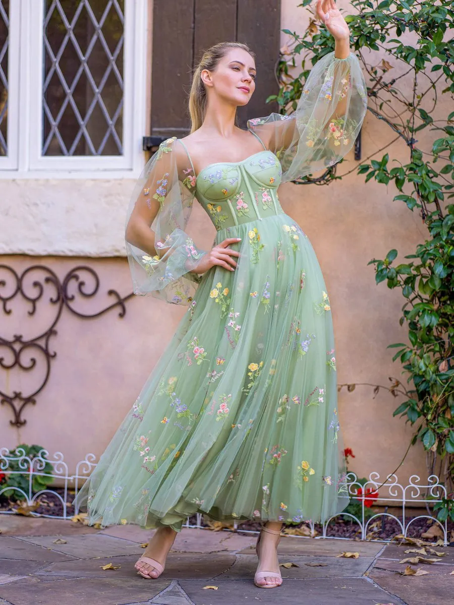 Sweetheart Embroidery Tea-Length Tulle Puff Sleeves Floral Corset Prom Dresses