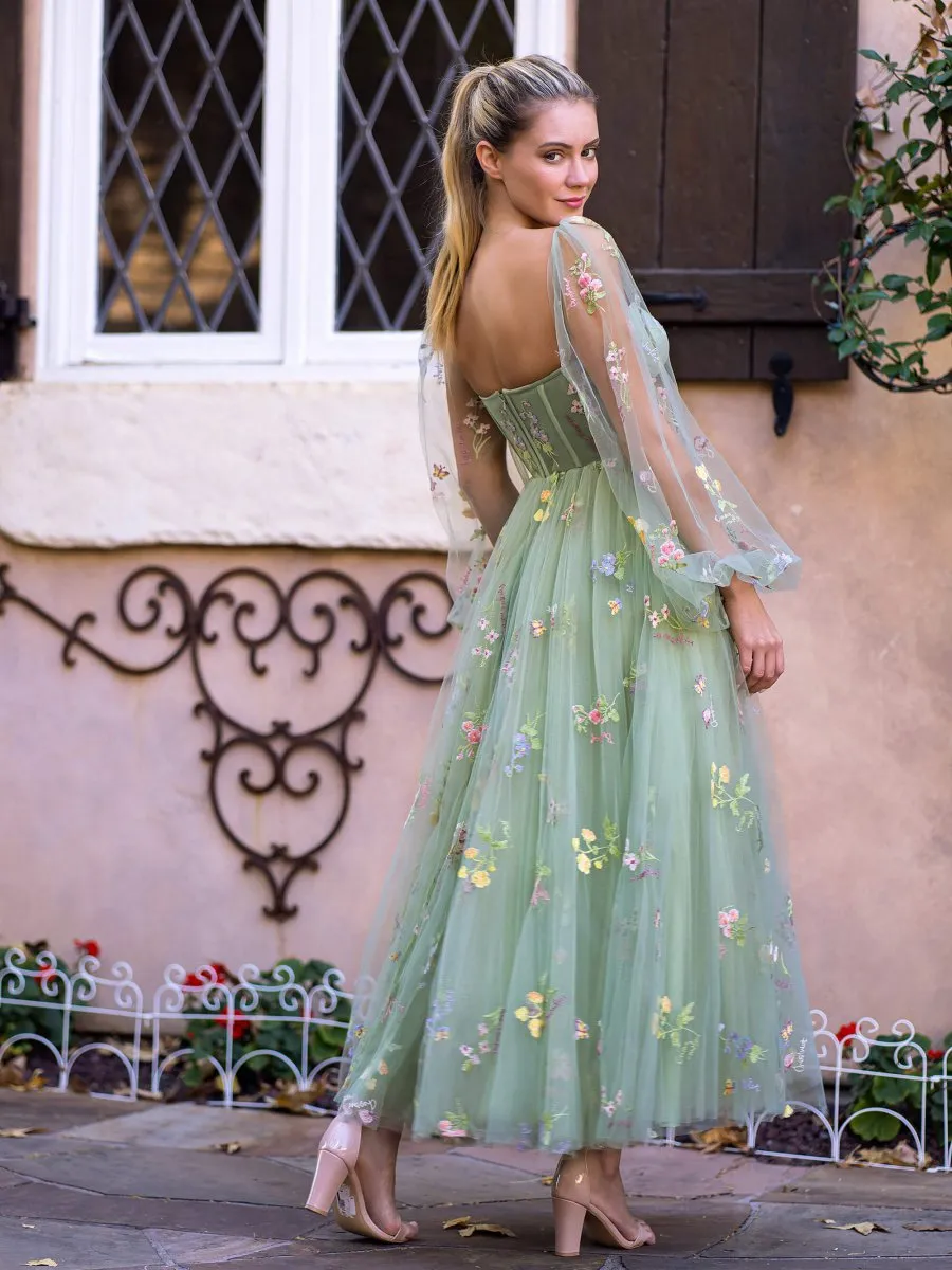 Sweetheart Embroidery Tea-Length Tulle Puff Sleeves Floral Corset Prom Dresses