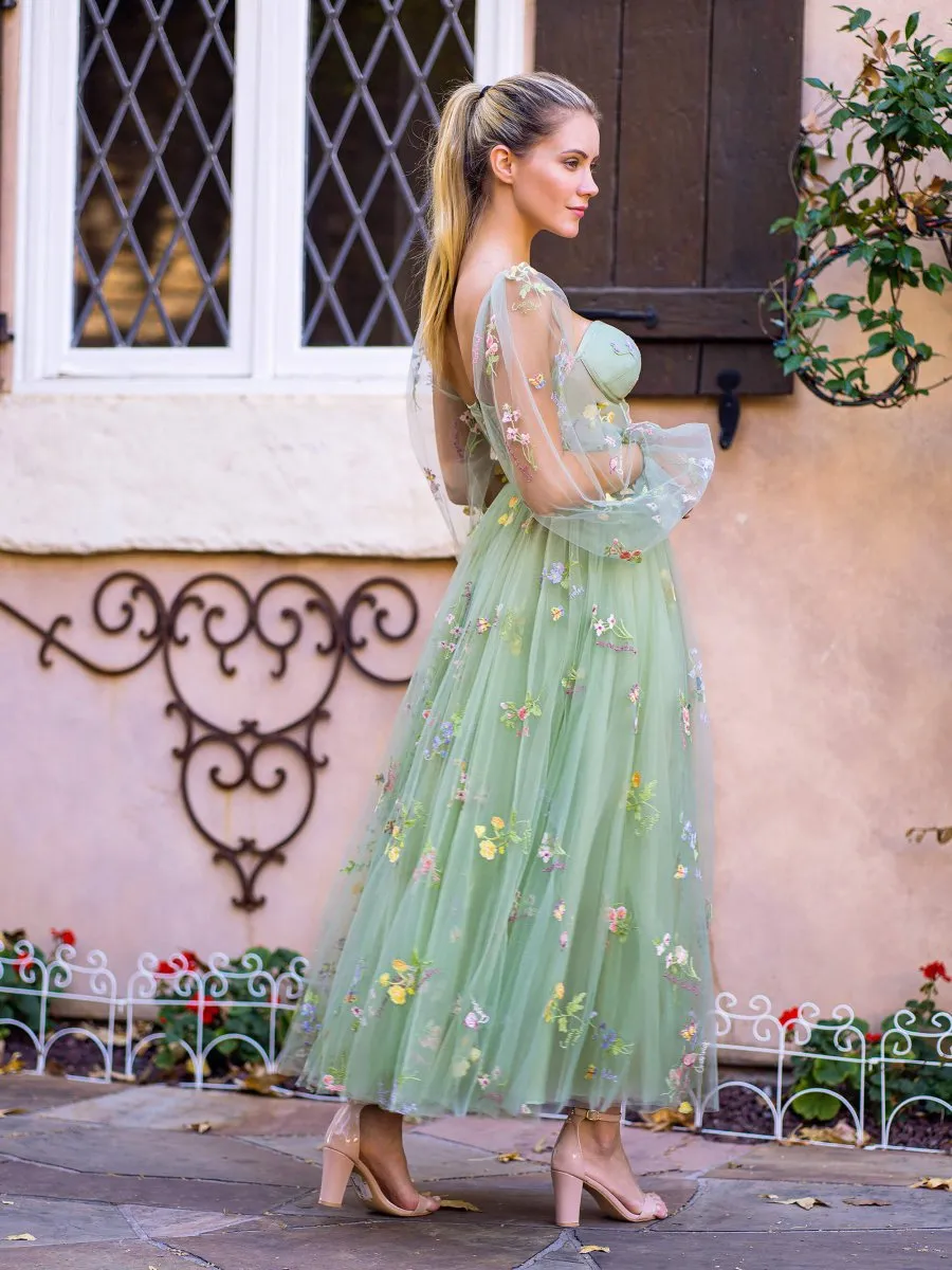 Sweetheart Embroidery Tea-Length Tulle Puff Sleeves Floral Corset Prom Dresses
