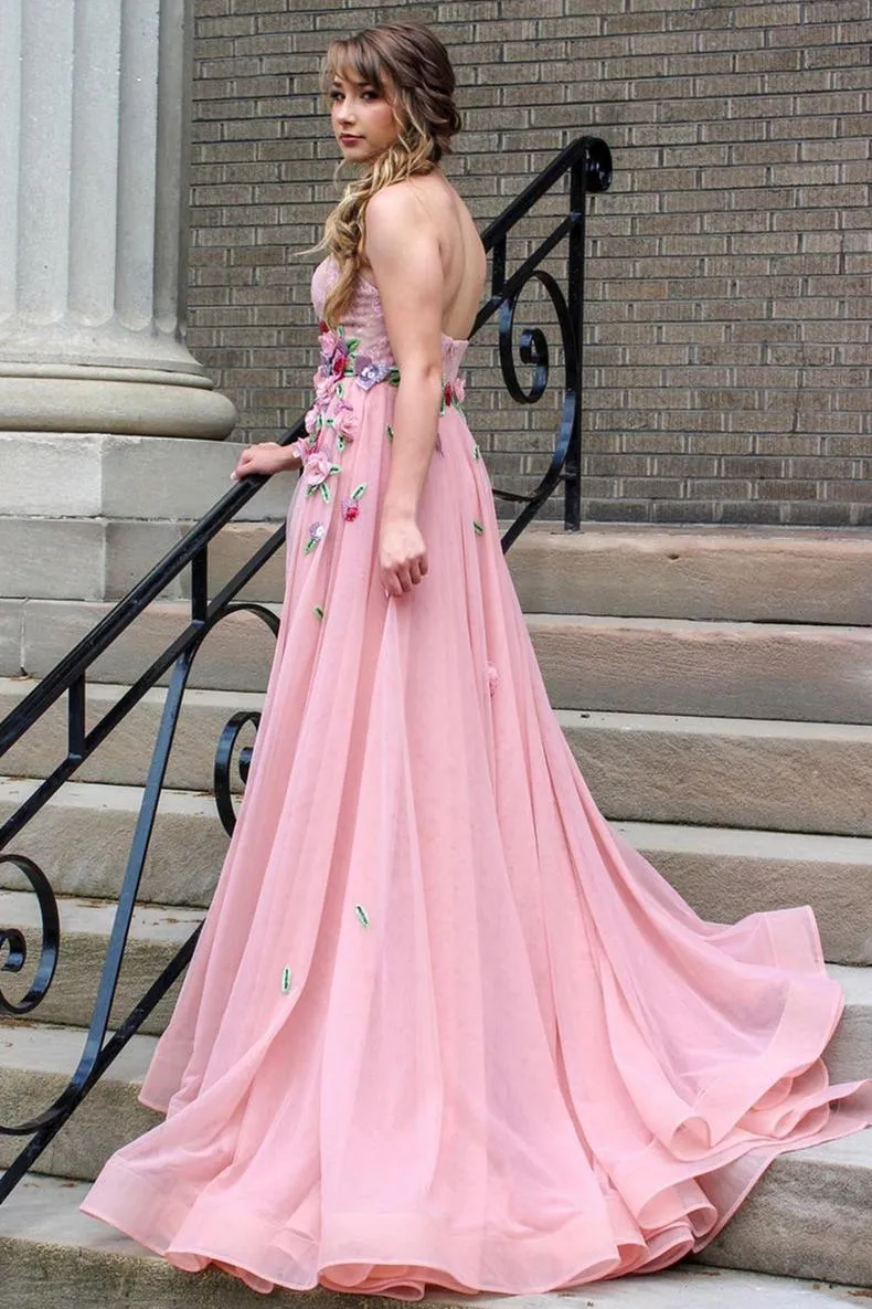 Sweetheart Floral Embroidery Pink Prom Dress with Train